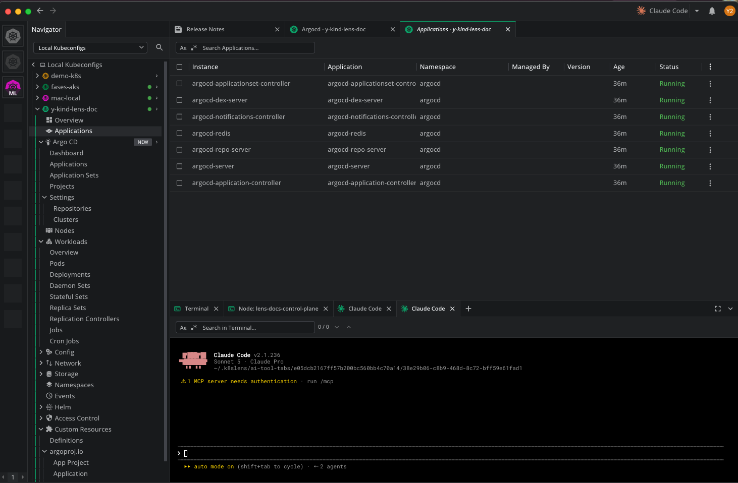 The Applications view filtered to the argocd namespace, listing the argocd-server, argocd-repo-server, argocd-application-controller, argocd-applicationset-controller, argocd-dex-server, argocd-notifications-controller, and argocd-redis components, all Running