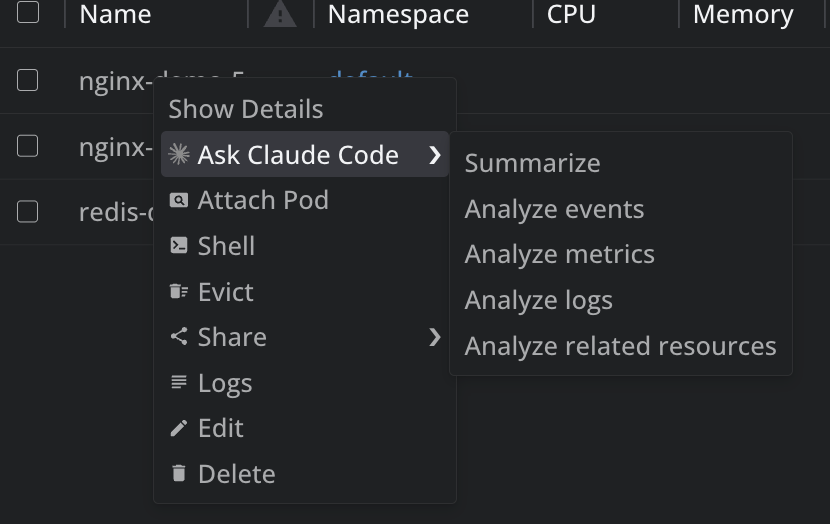 The Ask Claude Code submenu on a pod, showing Summarize and Analyze actions