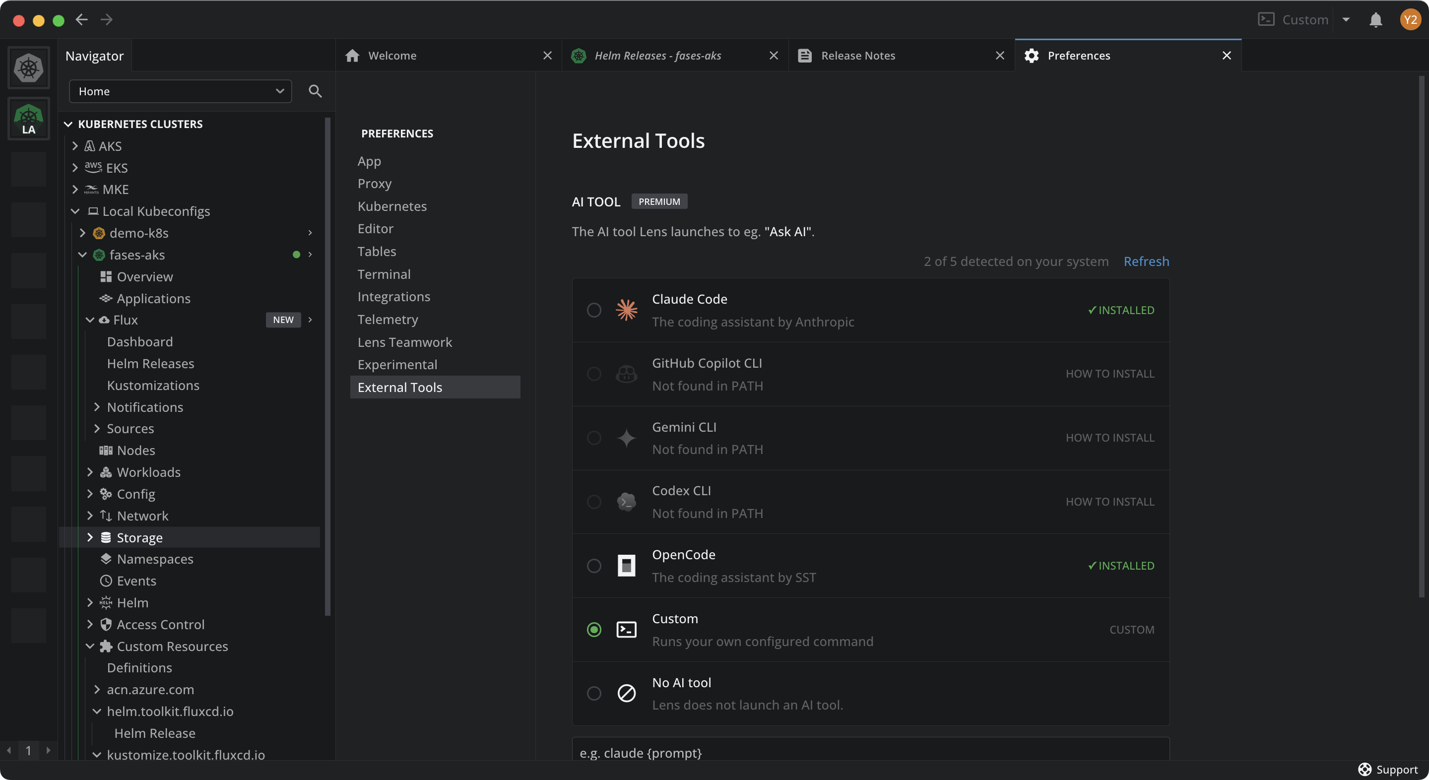 The Custom option selected on the External Tools page, showing the command field with the placeholder claude {prompt}