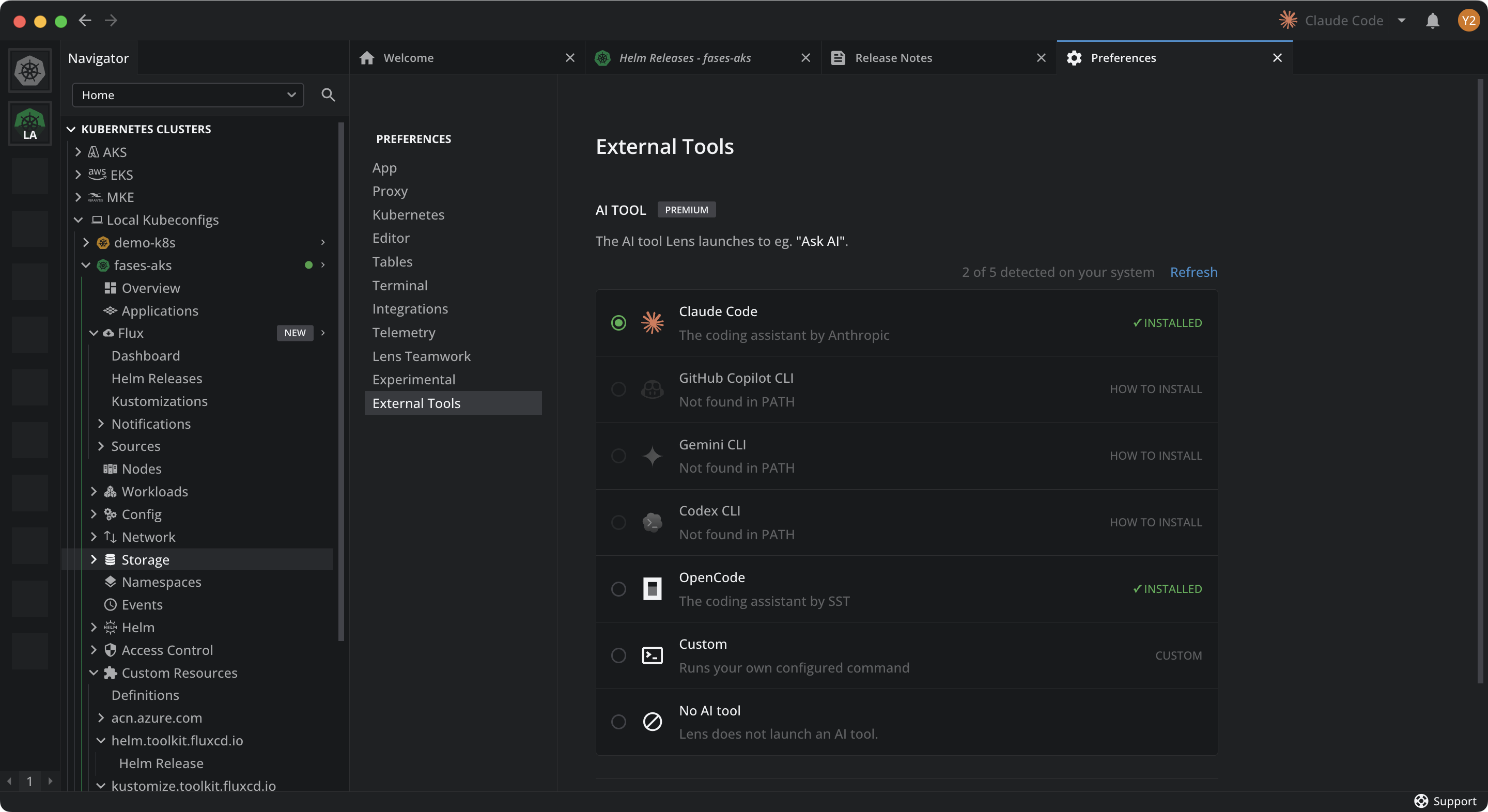 The External Tools preferences page, showing the AI tool list with Claude Code selected and marked installed, other tools marked How to install, and the count of detected tools with a Refresh link