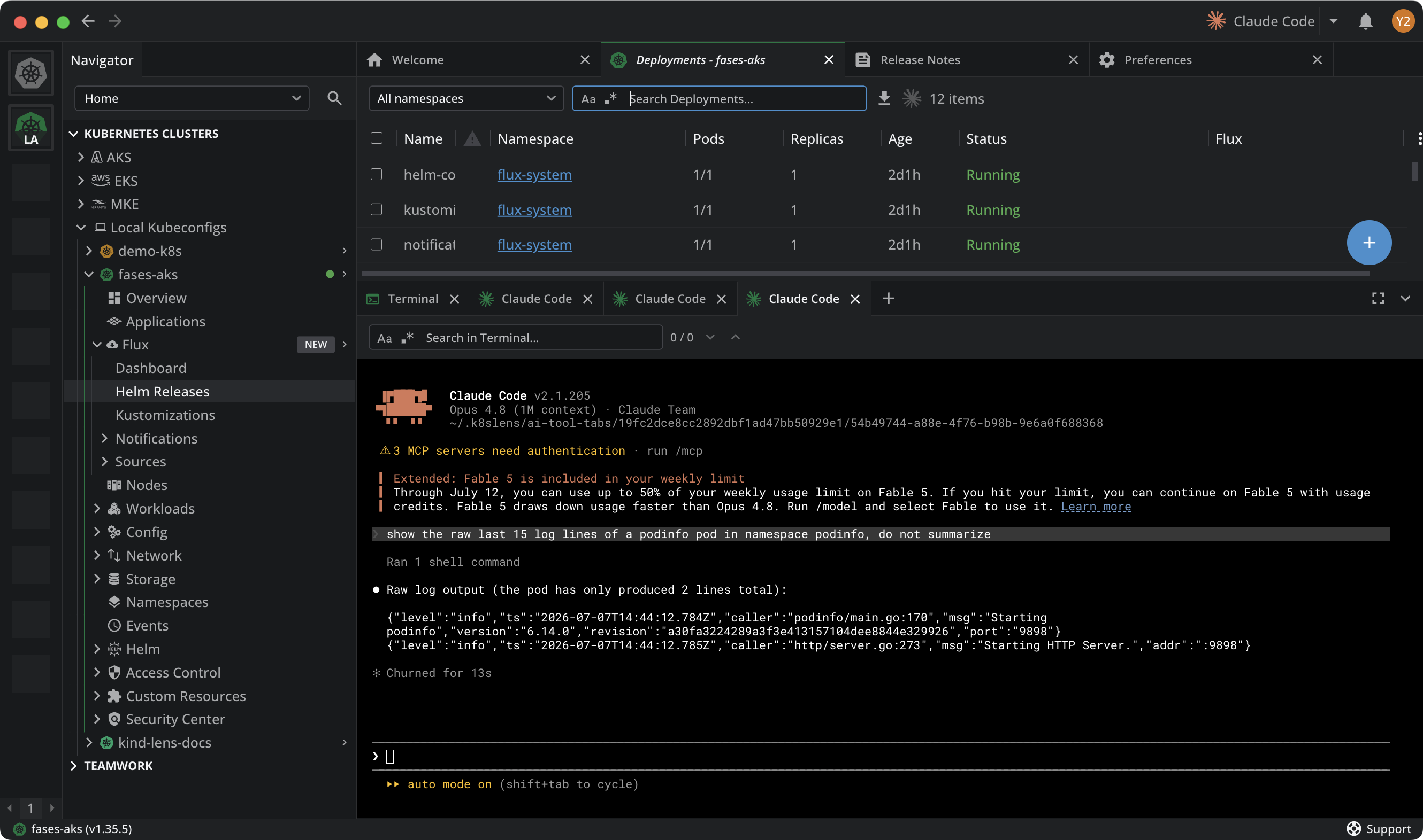 Claude Code printing the raw podinfo startup log lines in the Ask AI terminal