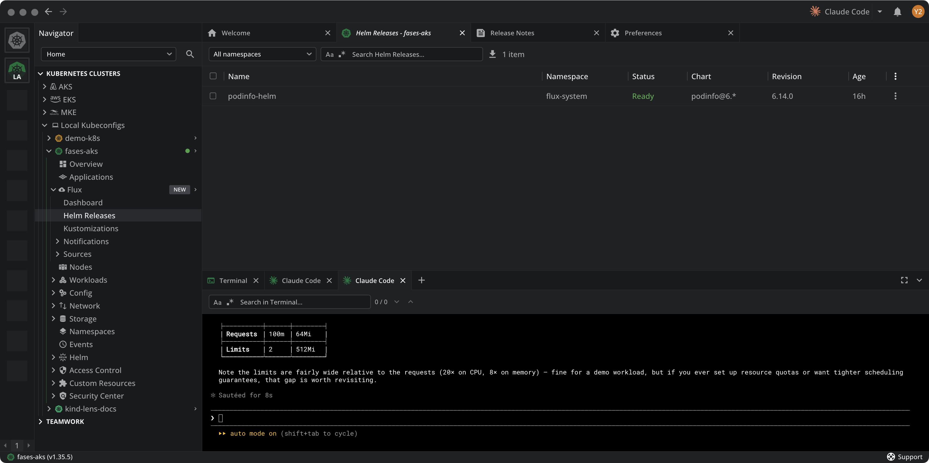 Claude Code reporting the podinfo deployment CPU and memory requests and limits in a table
