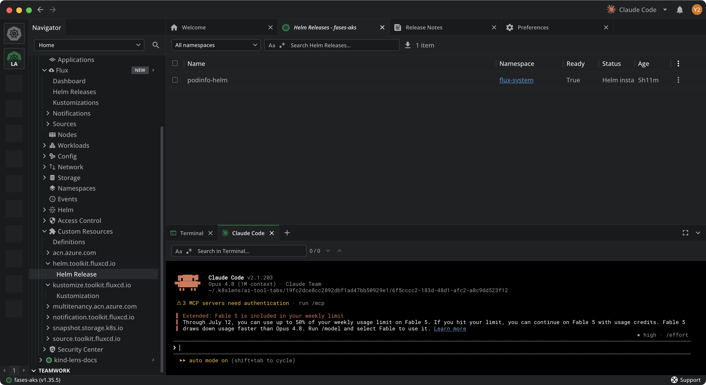 Claude Code launching in an Ask AI terminal tab, ready for a prompt with the cluster context attached