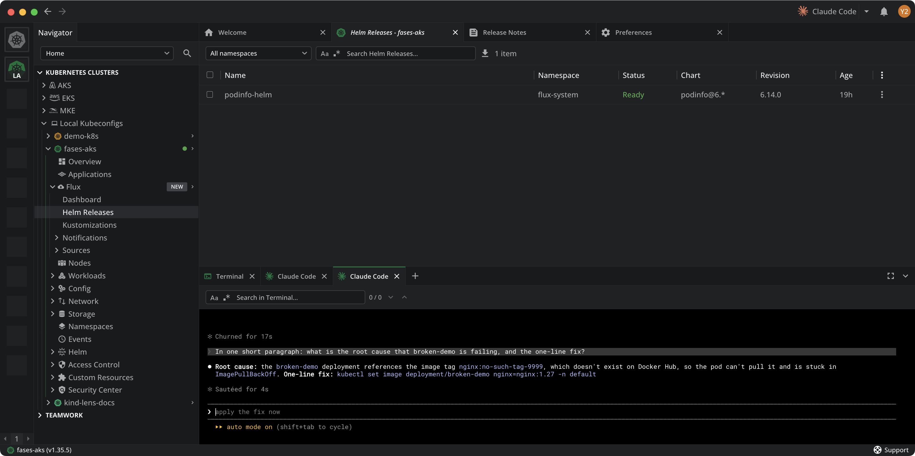 Claude Code diagnosing an ImagePullBackOff deployment and returning the root cause and a one-line fix