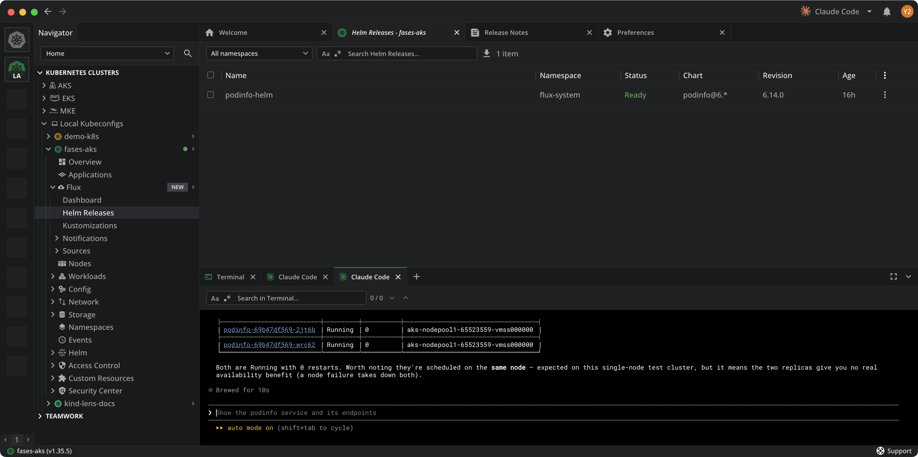 Claude Code listing the podinfo pods with status, restart count, and node in a table