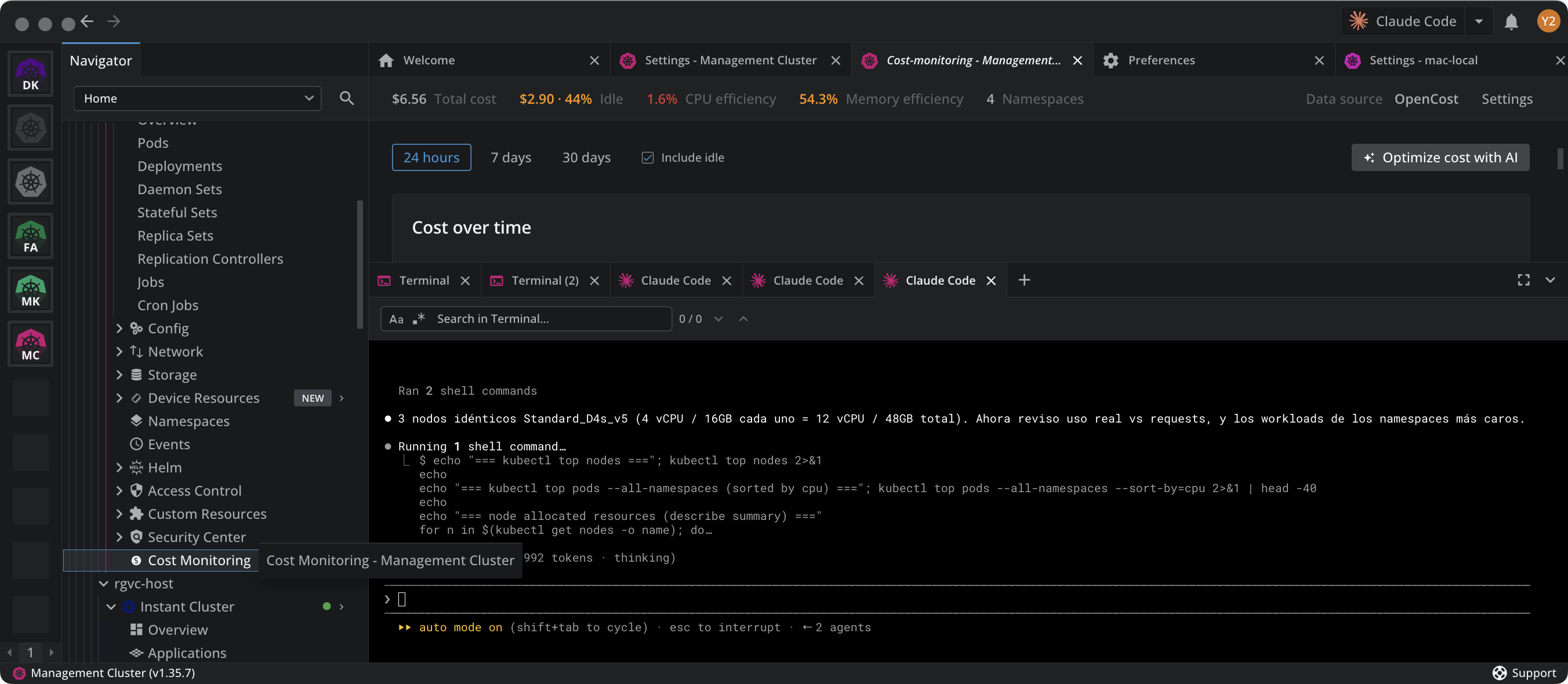 The Cost Monitoring dashboard, with the entry highlighted in the cluster navigator next to Overview and Nodes: a status bar showing total cost, idle, CPU efficiency, memory efficiency, namespace count and the data source, a 24 hours / 7 days / 30 days selector with an Include idle checkbox, the Optimize cost with AI button, and the start of the Cost over time chart