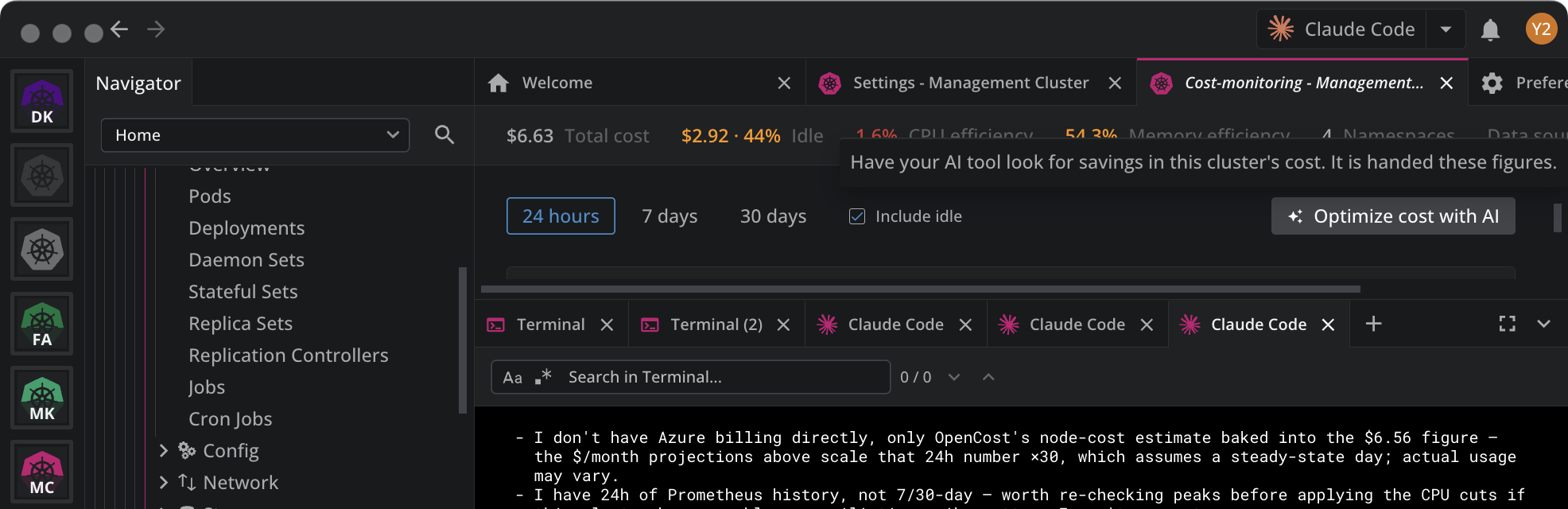 The Cost Monitoring dashboard with the Optimize cost with AI button on the right of the window selector, and its tooltip reading "Have your AI tool look for savings in this cluster's cost. It is handed these figures."