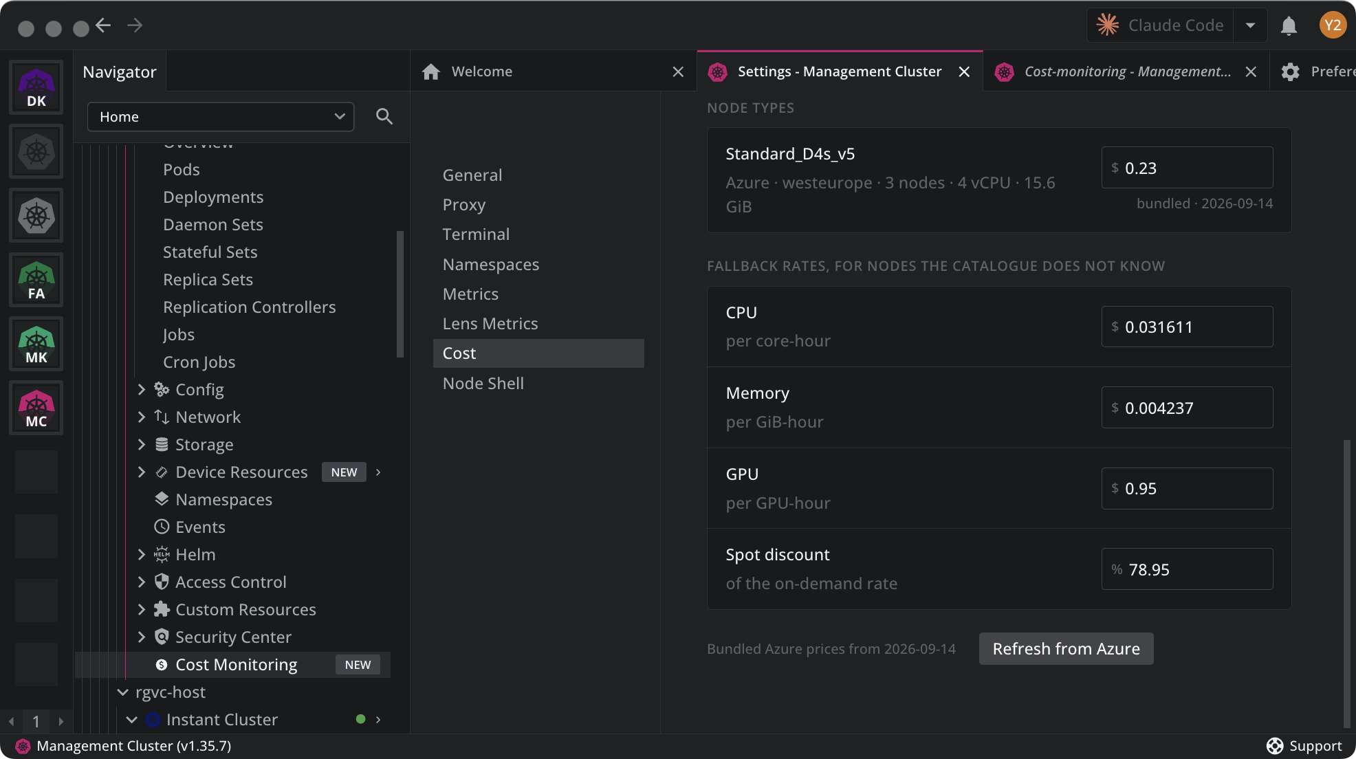 The Rates block: Node Types listing Standard_D4s_v5 on Azure with its hourly rate, Fallback Rates for CPU, Memory, GPU and a Spot discount percentage, the bundled Azure prices date, and the Refresh from Azure button
