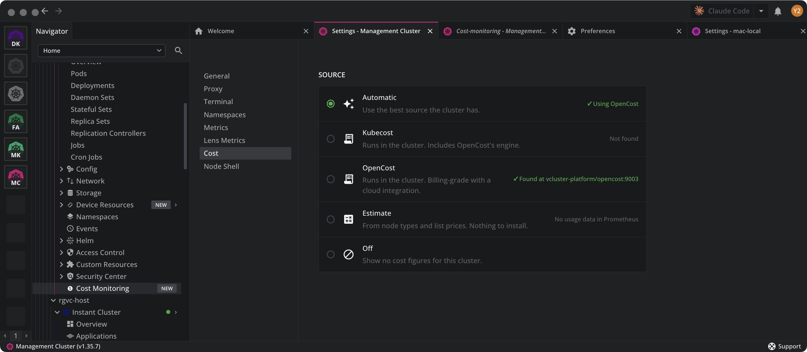 The Source section of the Cost settings, with Automatic selected and reporting Using OpenCost, Kubecost reporting Not found, OpenCost reporting Found at vcluster-platform/opencost:9003, and Estimate reporting No usage data in Prometheus