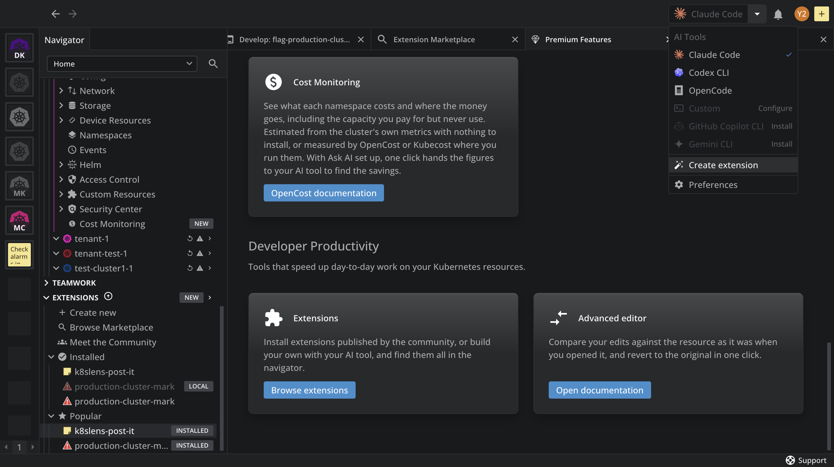 The AI Tools menu open in the Lens K8S IDE top bar, with the AI tools and the Create extension item