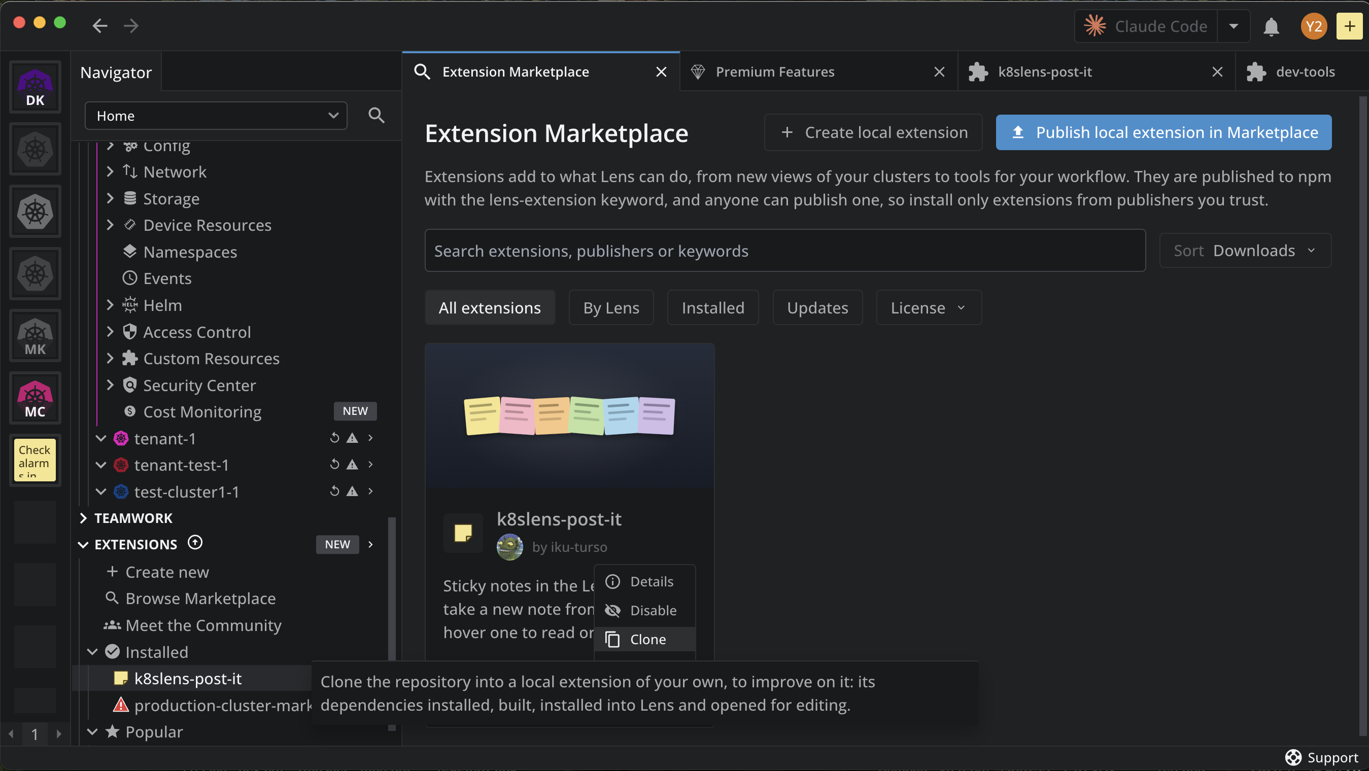 The ... menu on the card of the installed k8slens-post-it extension in the Extension Marketplace, with the Clone item and its tooltip: clone the repository into a local extension of your own, to improve on it