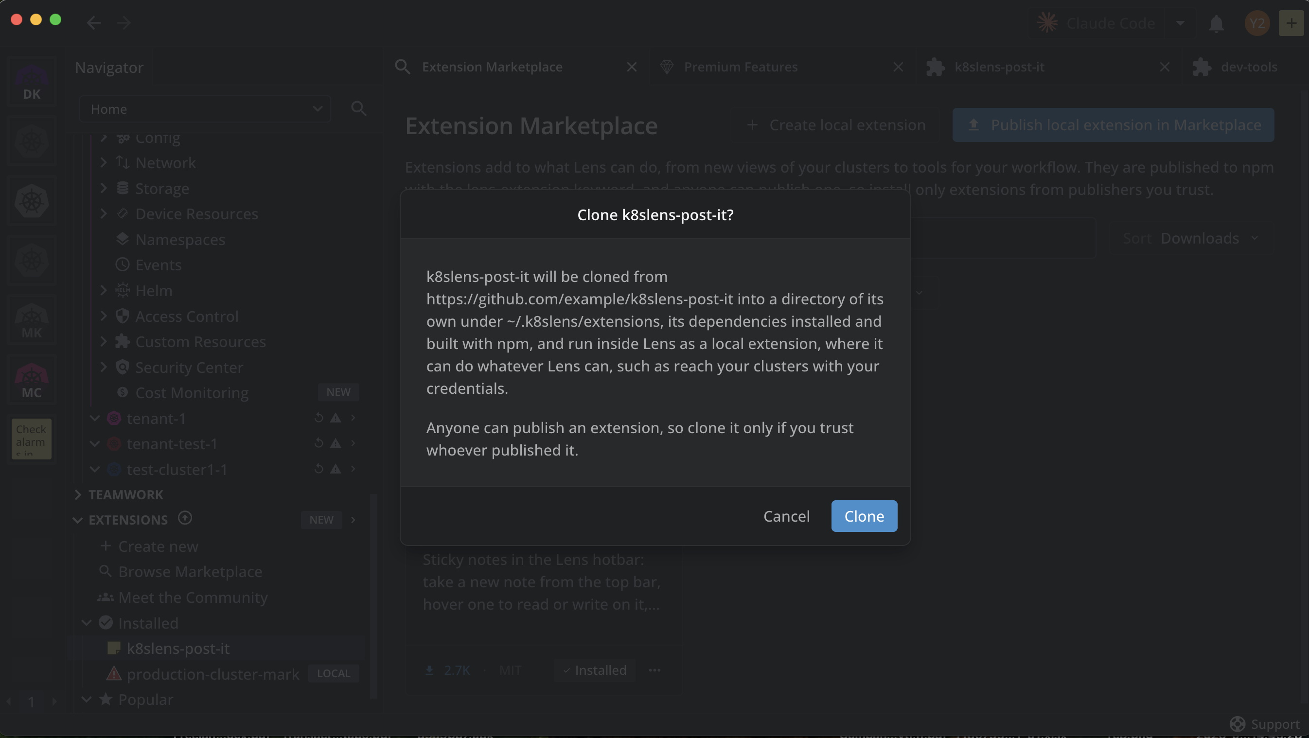 The clone confirmation dialog, naming the repository and the local folder the extension will be cloned into