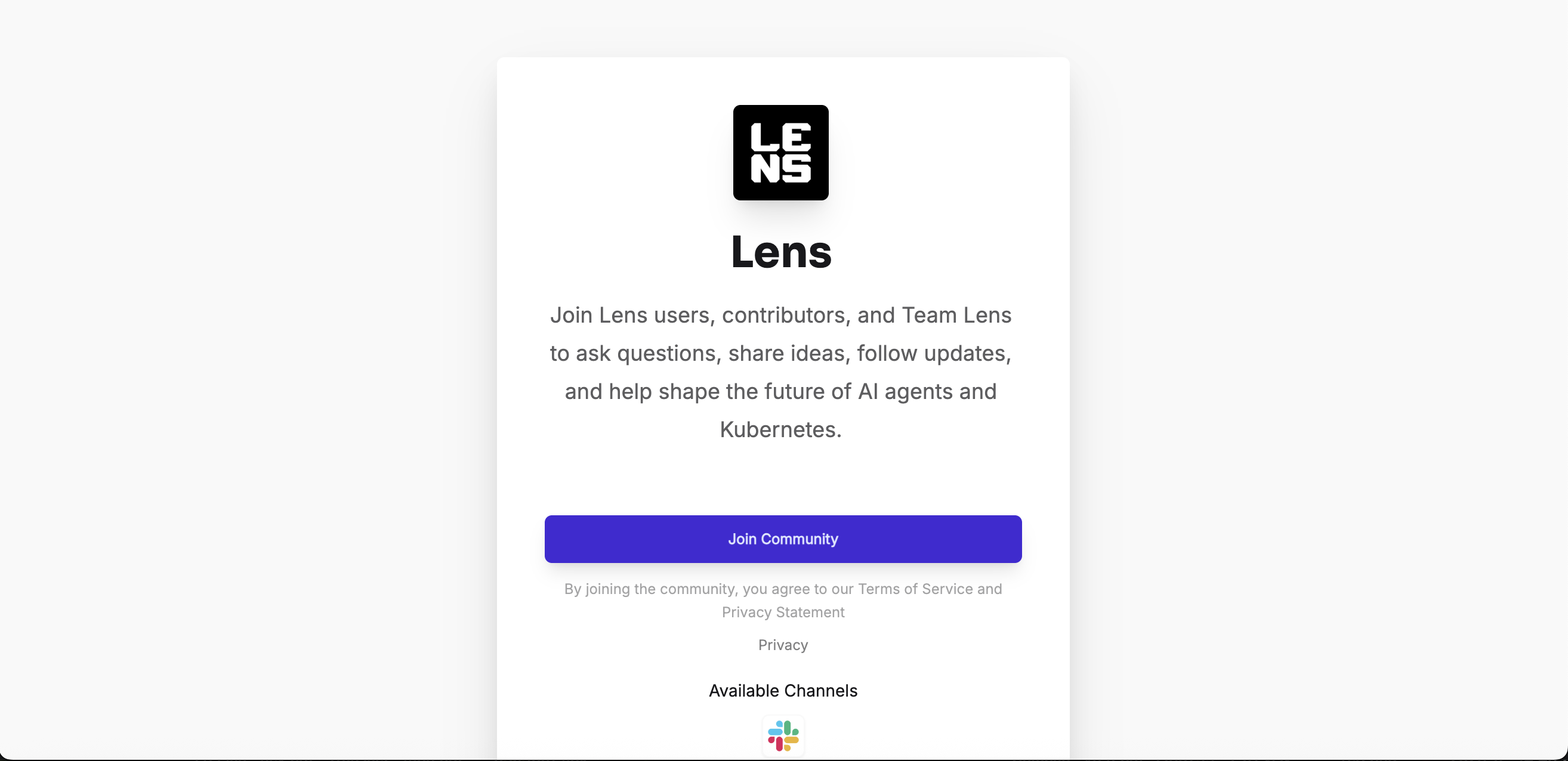 The Lens community page in the browser, with the Join Community button and Slack listed under Available Channels