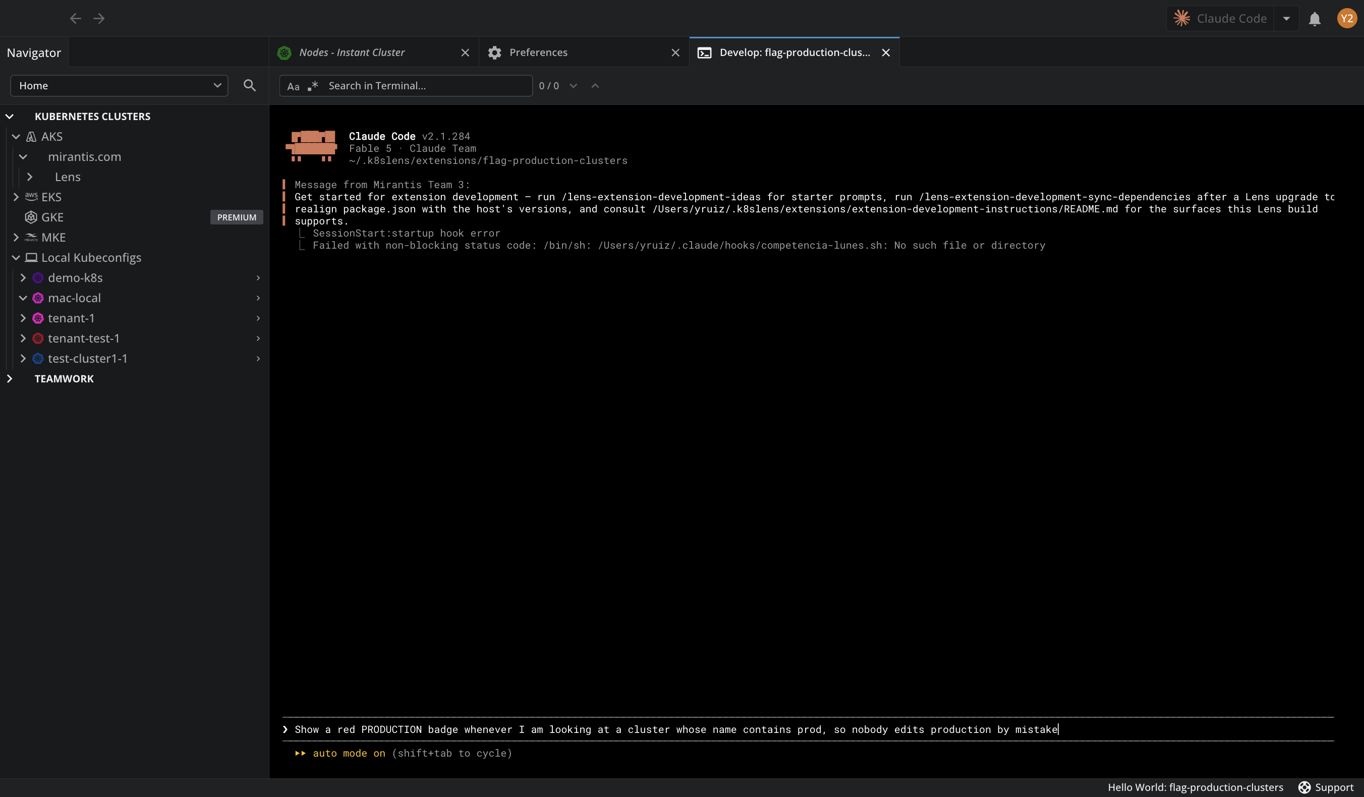 Claude Code running inside the Lens Edit tab, with the production badge request typed in its prompt