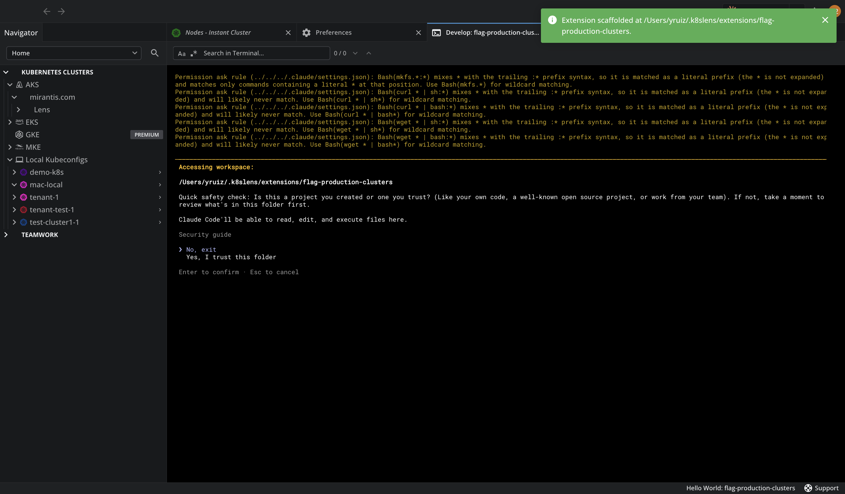 The Edit tab right after Lens scaffolds the extension, with the AI tool starting in the extension folder, the success notification, and the starter Hello World text in the status bar