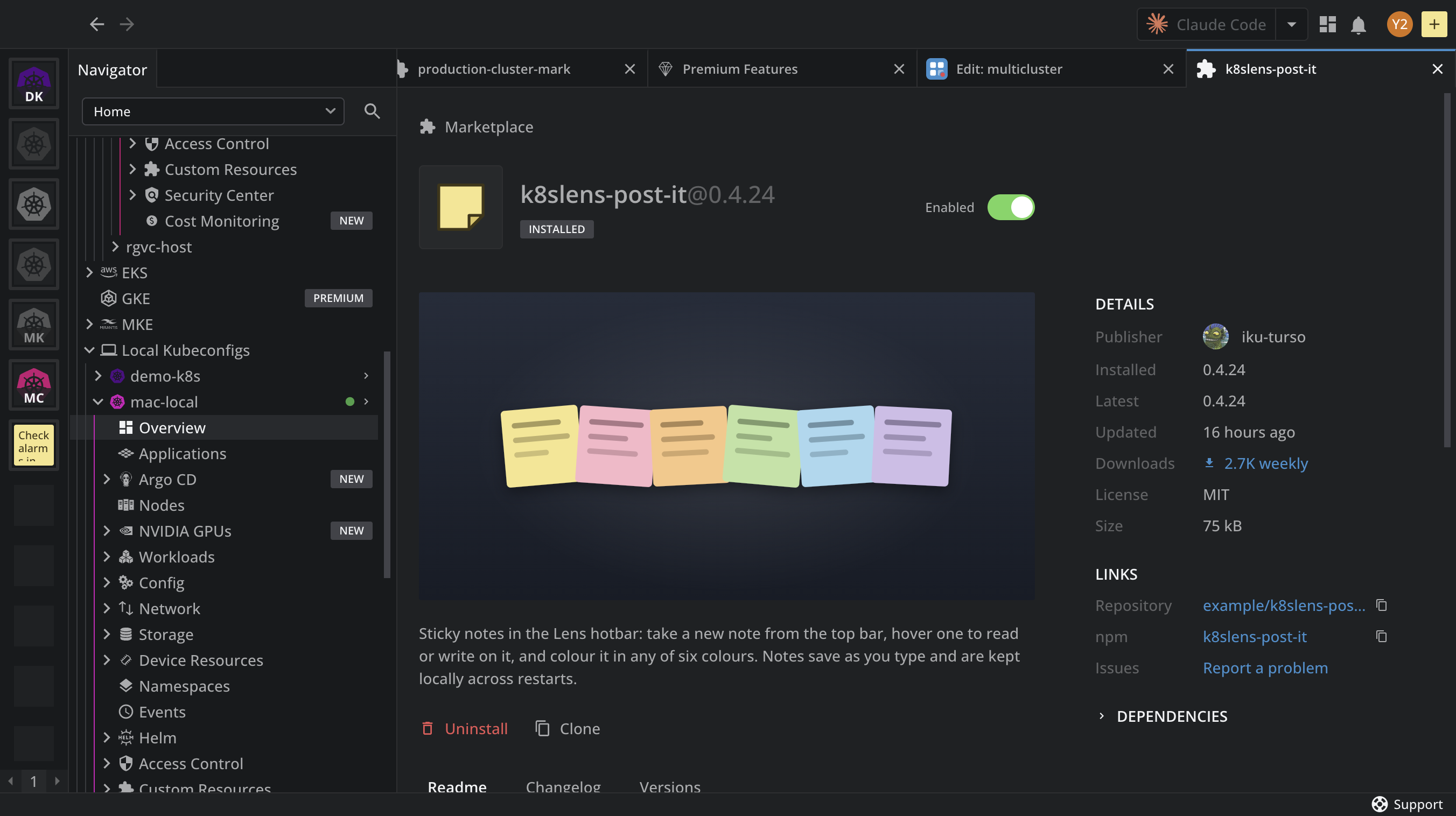 The details page of the k8slens-post-it extension in the Extension Marketplace, with its license under Details, the Repository, npm, and Issues links under Links, and the Clone button in the header