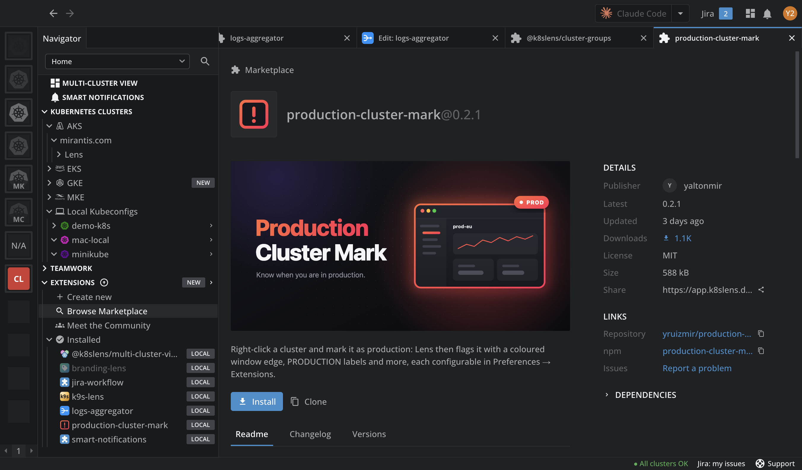 The details page of the production-cluster-mark extension in the Extension Marketplace, with its banner and description, the Install and Clone buttons, the Details facts from Publisher to Share, the Repository, npm, and Issues links, and the Readme, Changelog, and Versions tabs