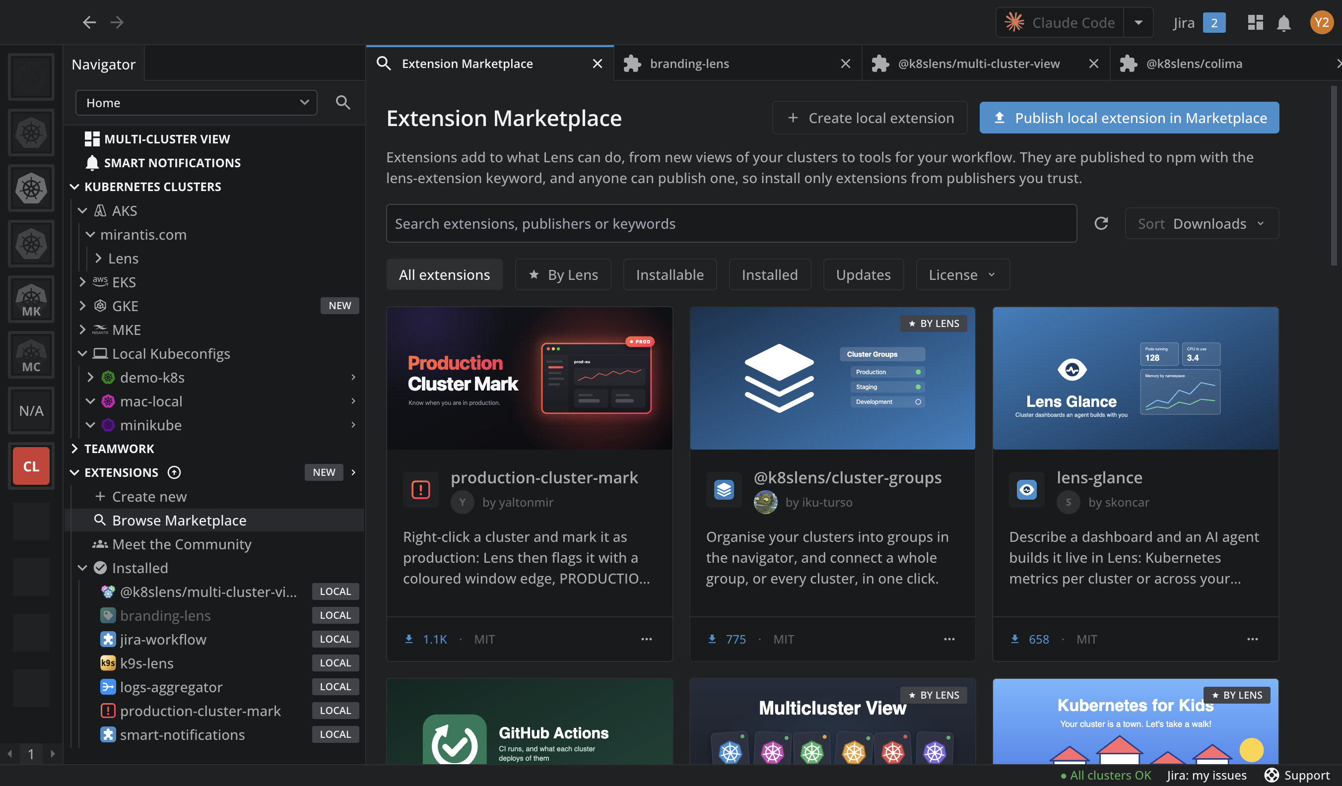 The Extension Marketplace in Lens K8S IDE, with the search field, the refresh button, the sort order, the All extensions, By Lens, Installable, Installed, Updates, and License filter chips, and cards of published extensions