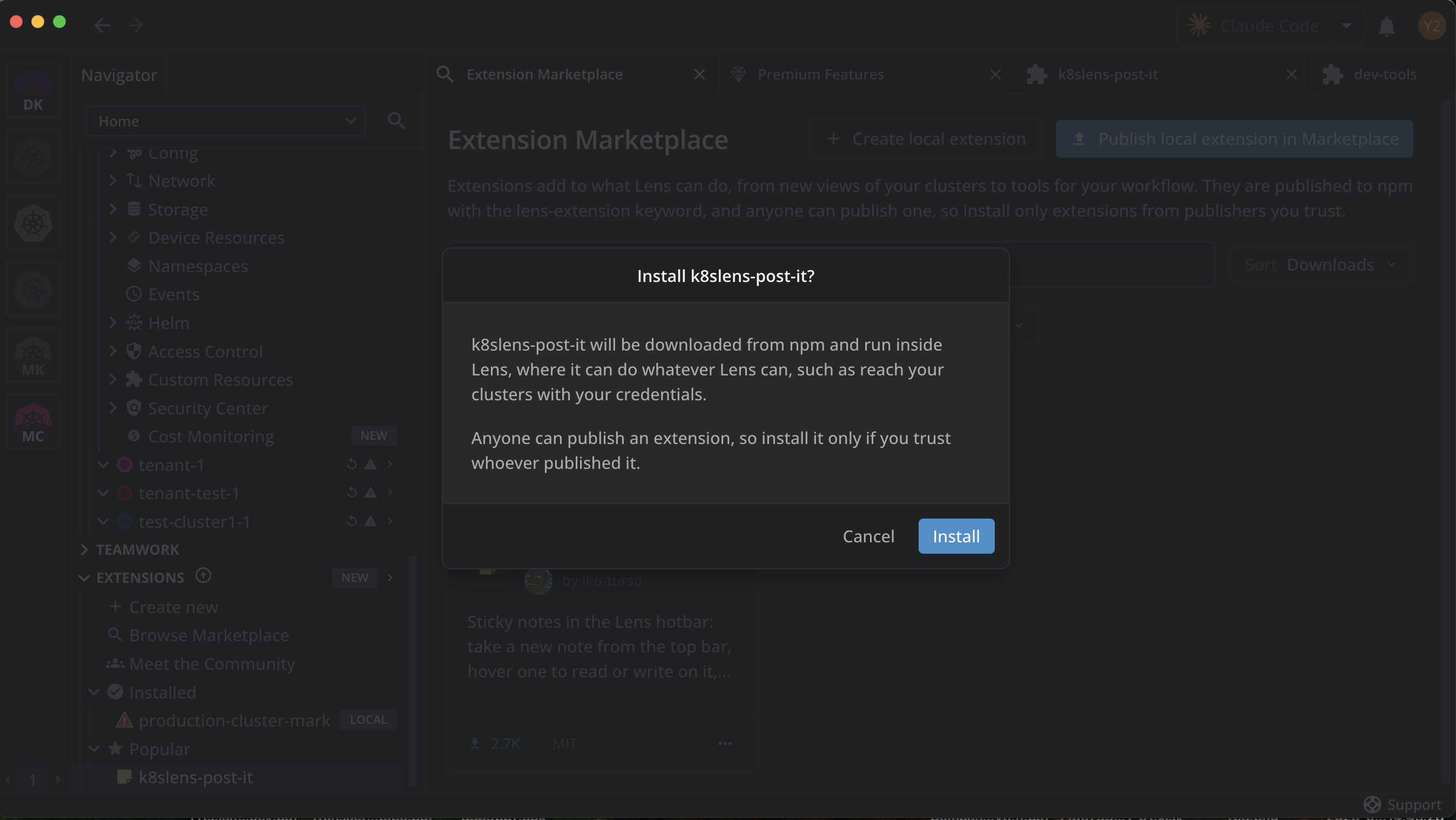 The install confirmation dialog, warning that the extension runs inside Lens and can do whatever Lens can