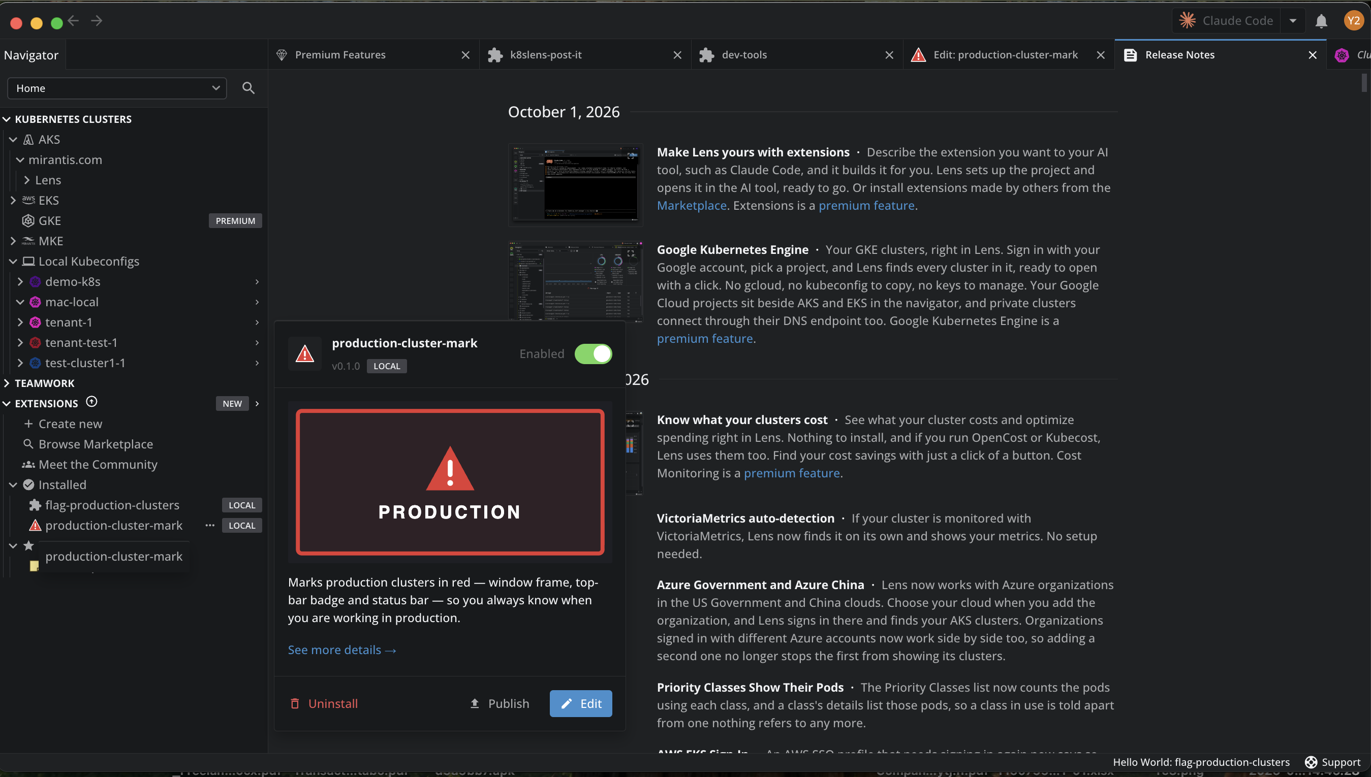 An installed local extension in the Navigator with its card open, showing the Edit button next to Publish and Uninstall, and the open Edit tab for the extension in the top bar
