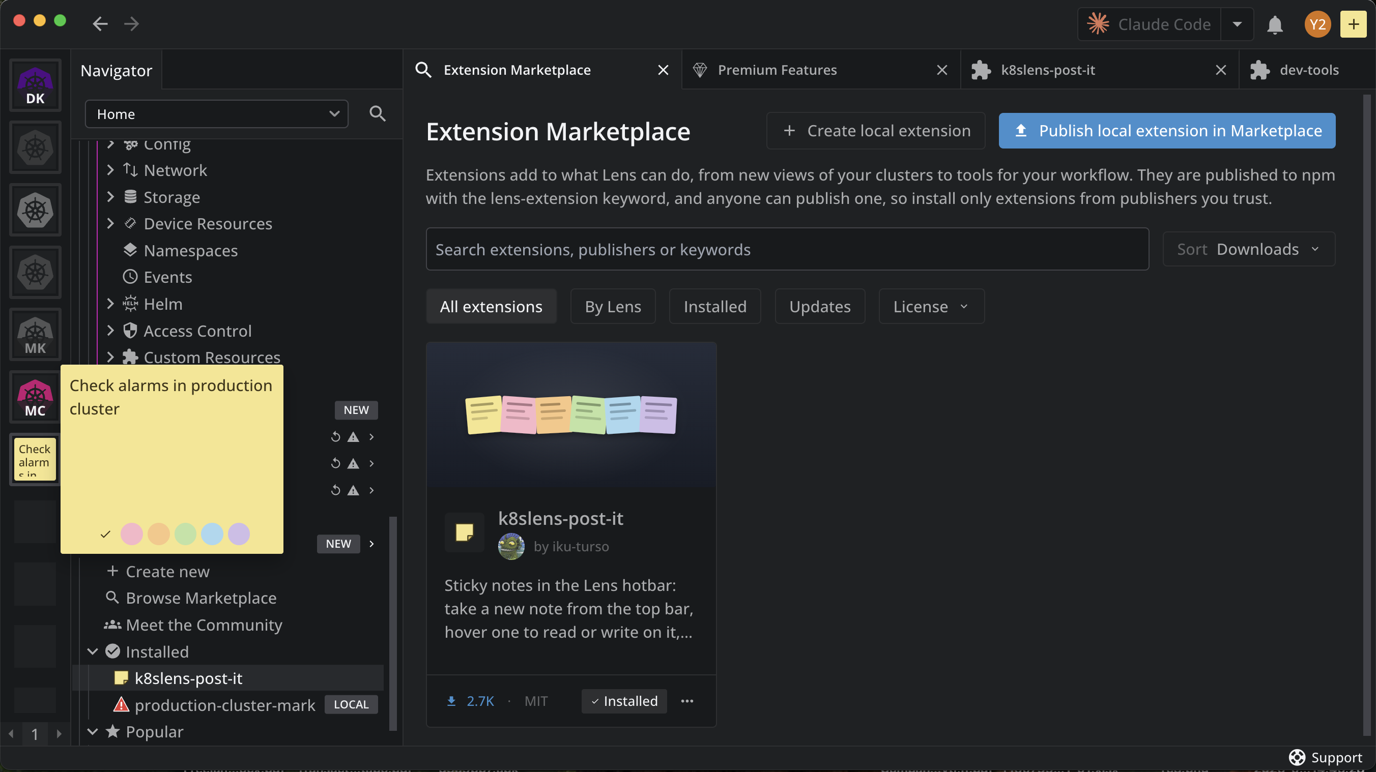 The k8slens-post-it extension after its install: listed under Installed in the Navigator without a LOCAL mark, its marketplace card showing Installed, and one of its sticky notes open from the hotbar