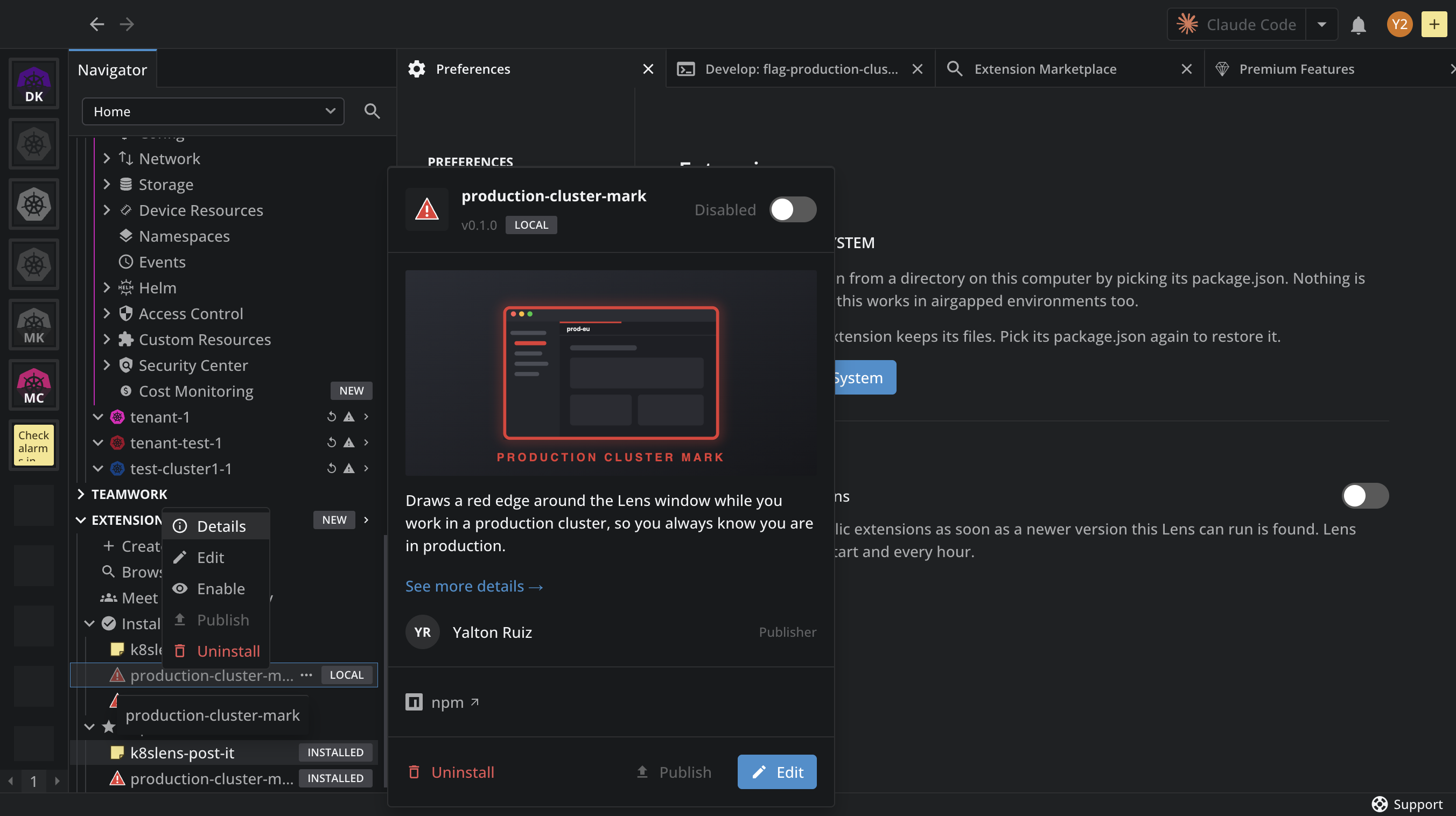 The menu of the local production-cluster-mark extension in the Navigator, with the Details, Edit, Enable, Publish, and Uninstall items, beside its card, switched to Disabled, with the Uninstall, Publish, and Edit buttons