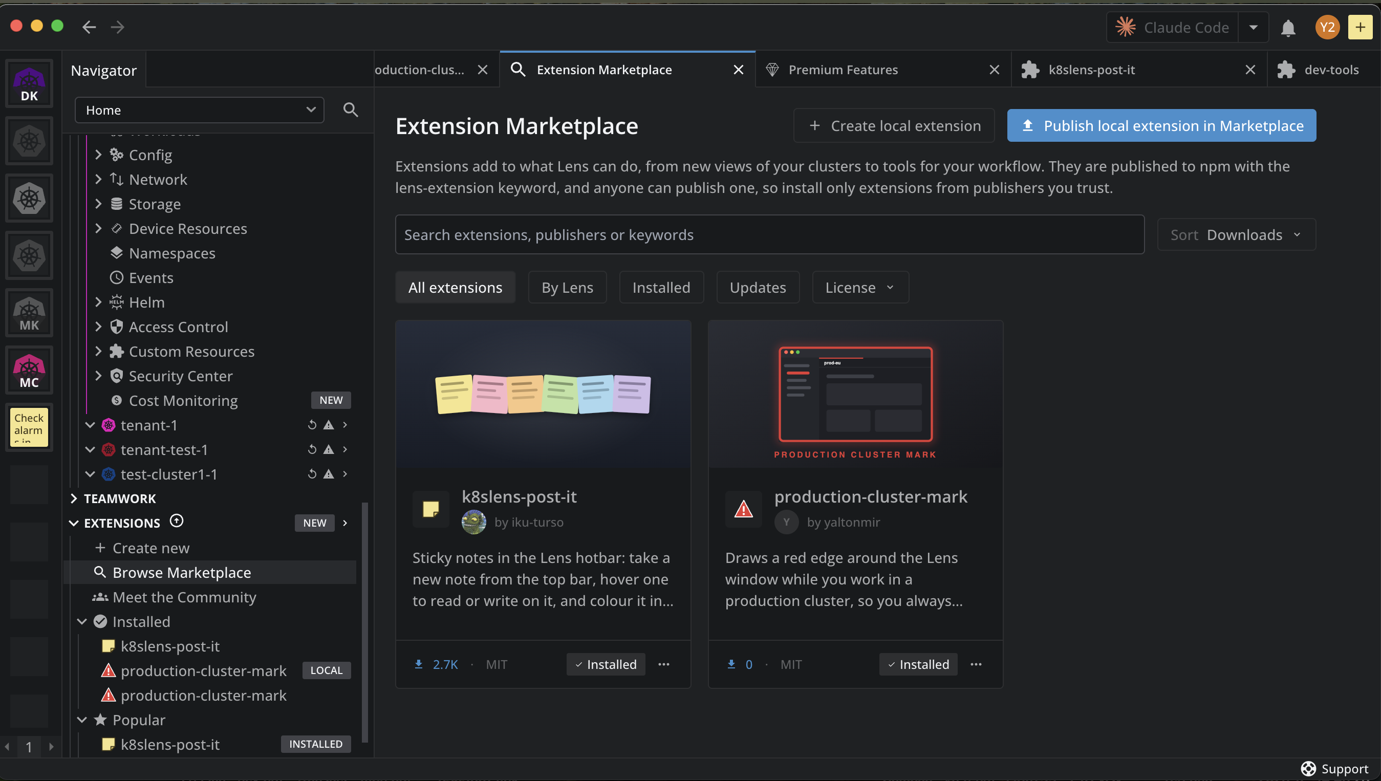 Extensions > Installed in the Navigator listing production-cluster-mark twice, once with the LOCAL mark and once without it after its install from the marketplace, whose card shows Installed