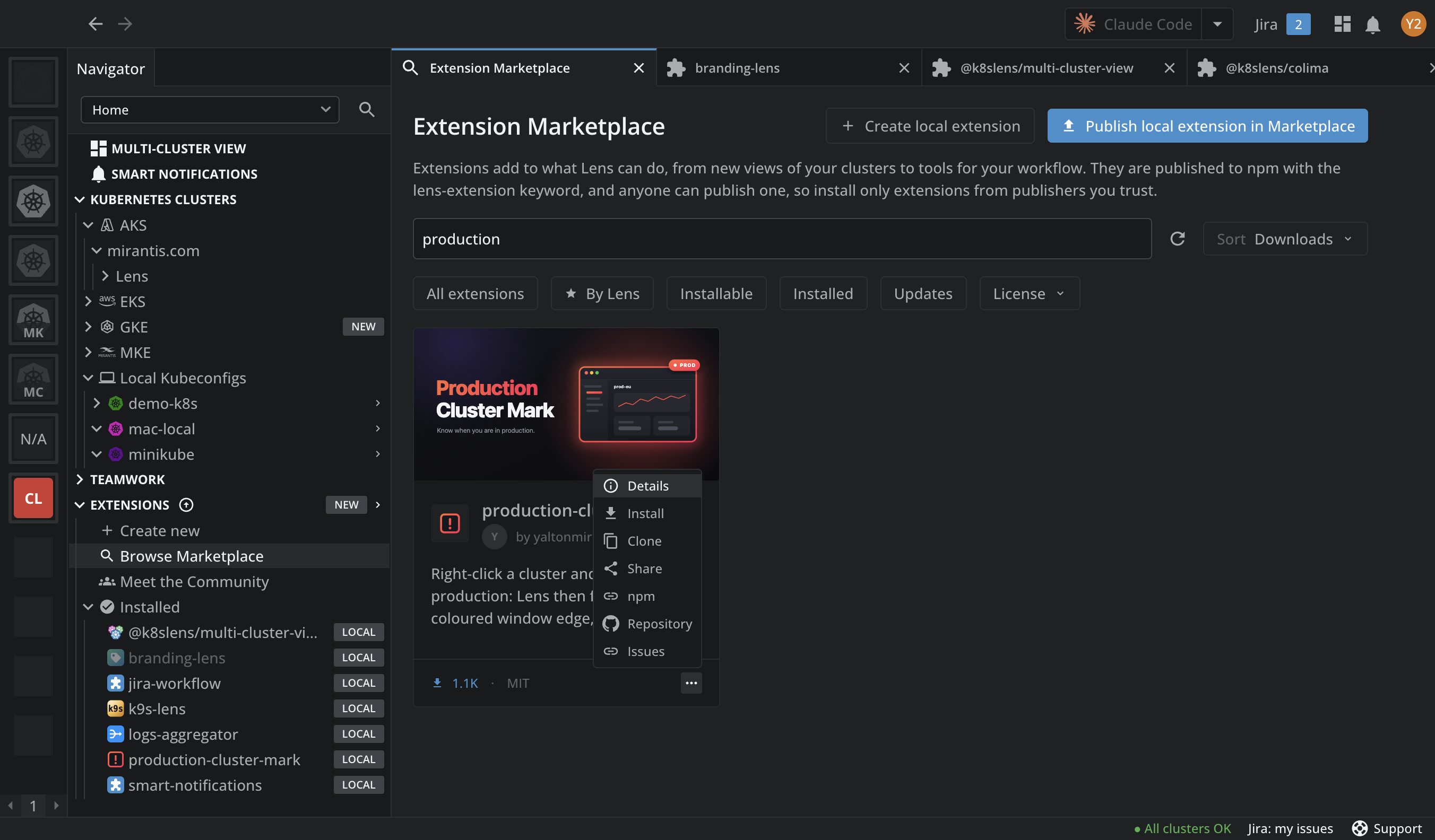 The menu of the production-cluster-mark card in the Extension Marketplace, with the Details, Install, Clone, Share, npm, Repository, and Issues items