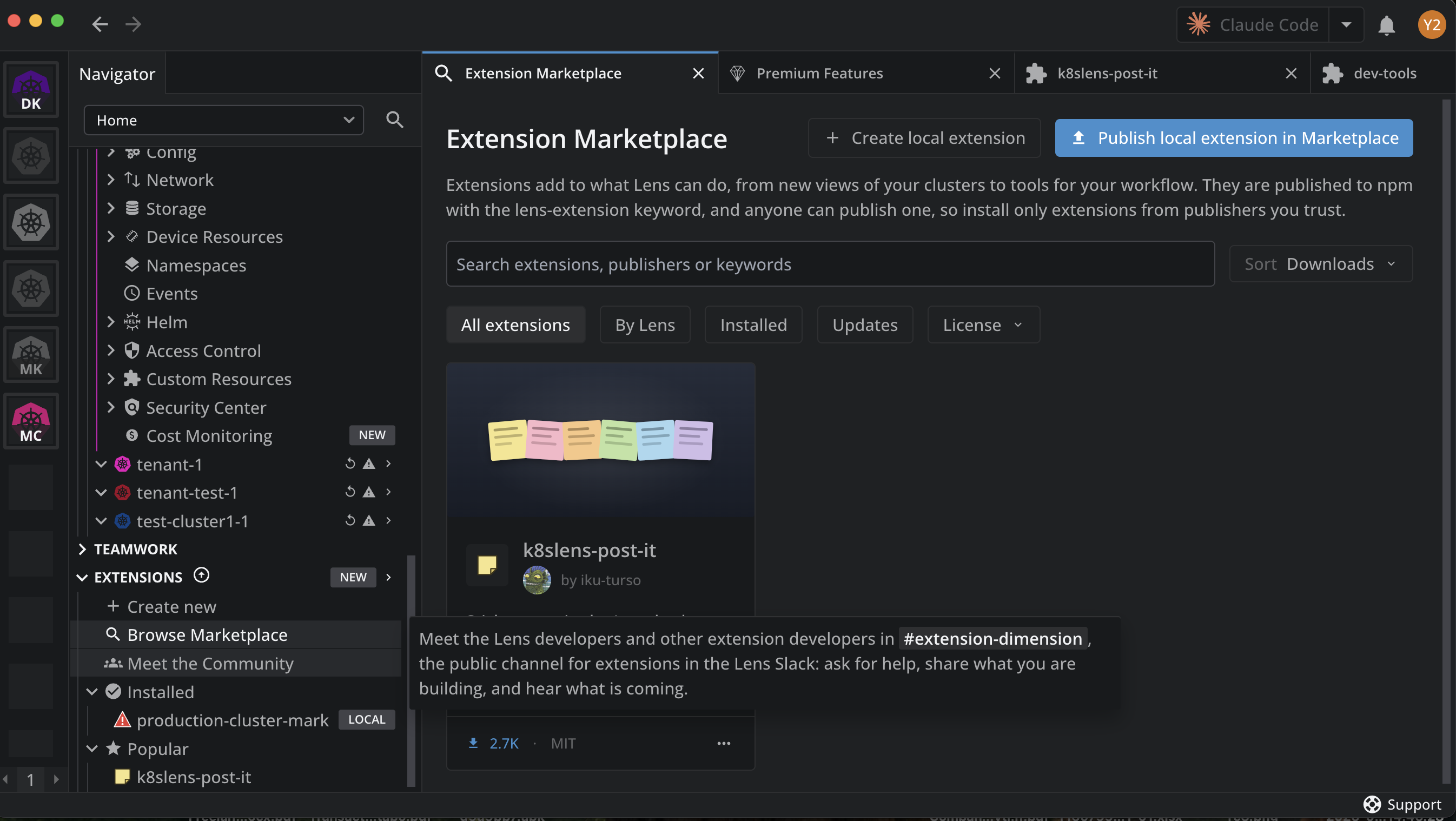 Meet the Community under Extensions in the Navigator, with its tooltip naming the public #extension-dimension channel in the Lens Slack