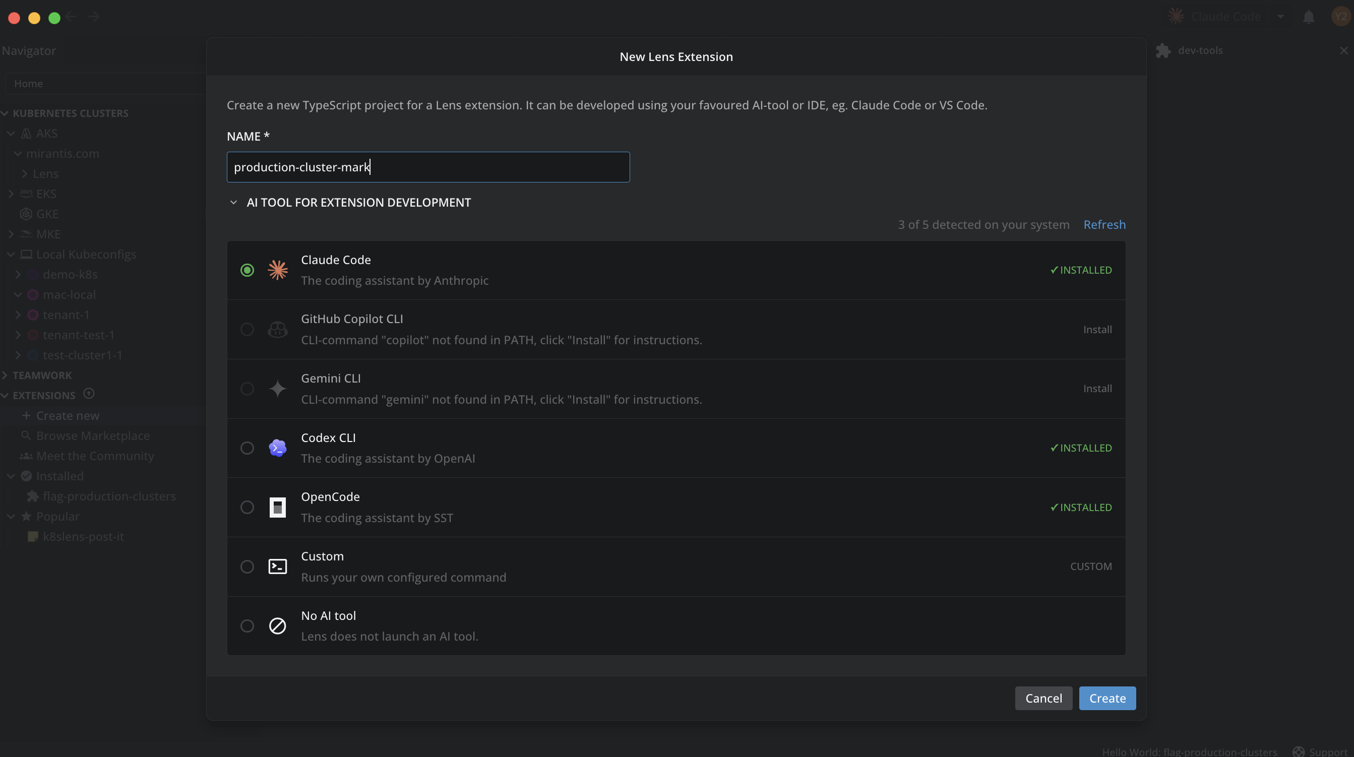 The New Lens Extension dialog with a name entered and the AI tool for extension development list, with Claude Code selected