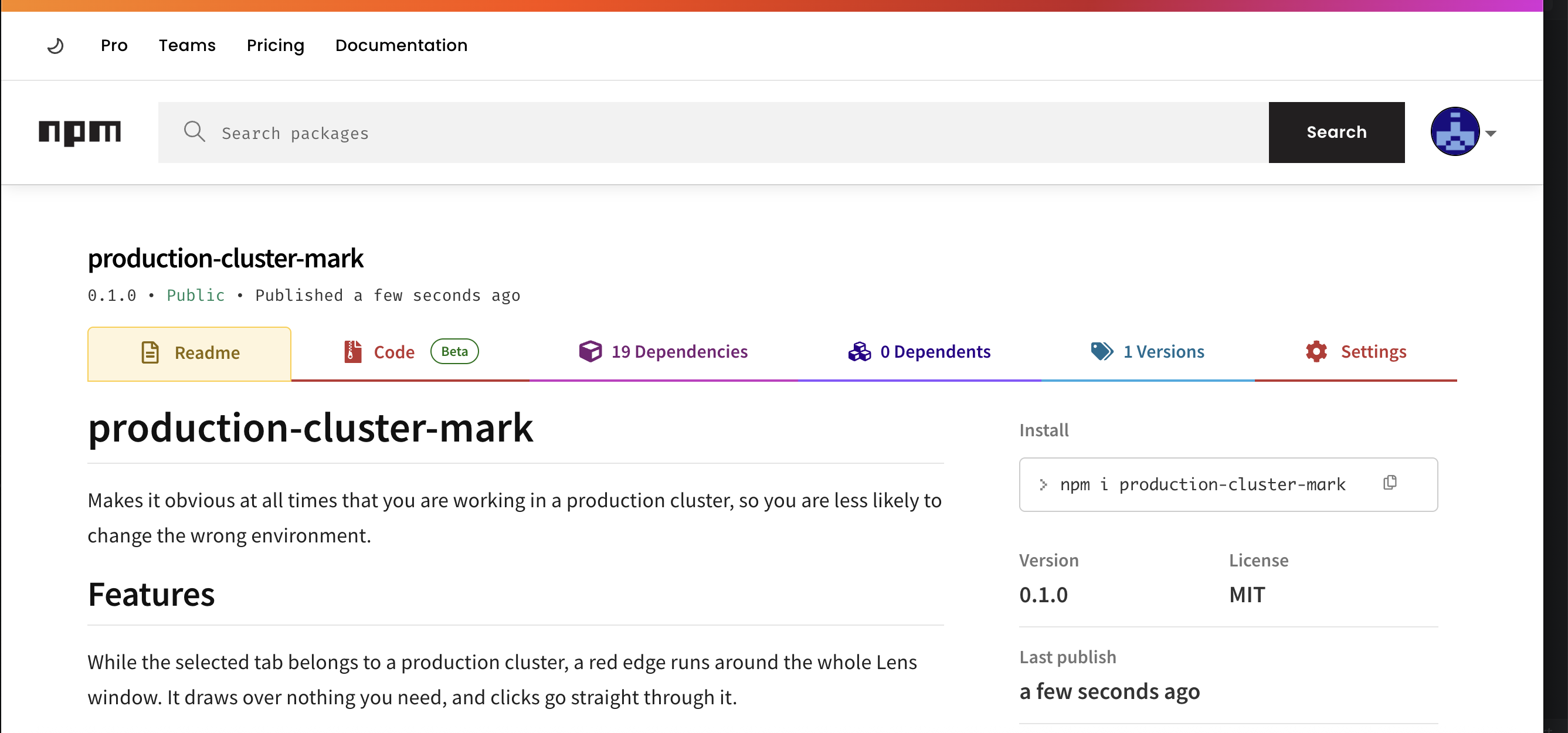 The npm package page for production-cluster-mark 0.1.0, public, with the extension's README as its description and the install command, version, and license beside it