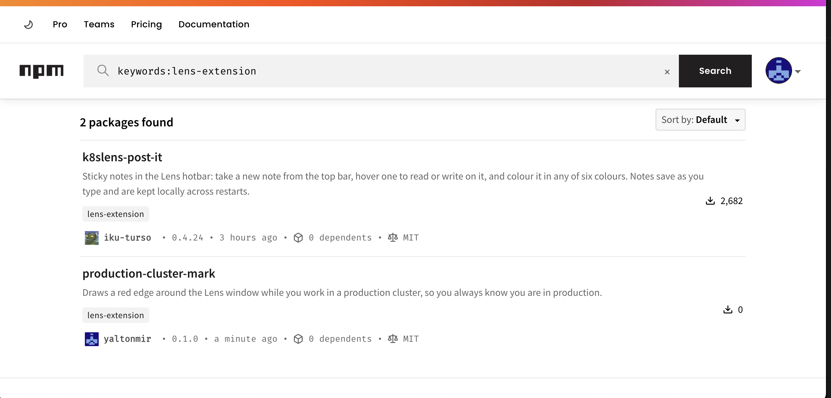 npm search results for keywords:lens-extension, listing published Lens extensions with production-cluster-mark among them
