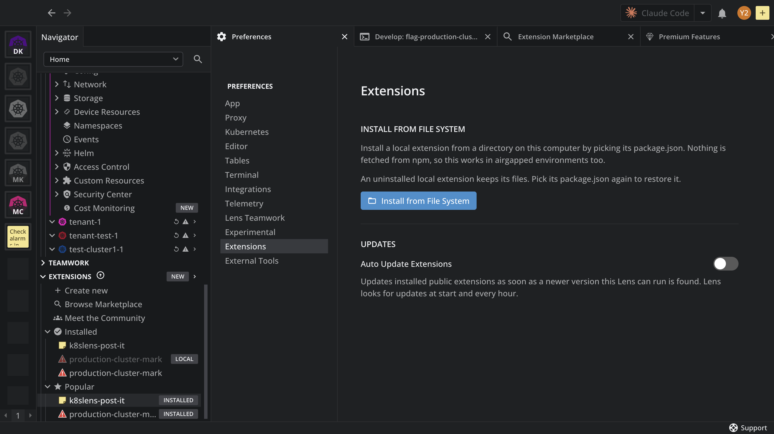 The Extensions page in Lens K8S IDE Preferences, with the Install from File System button and the Auto Update Extensions switch under Updates