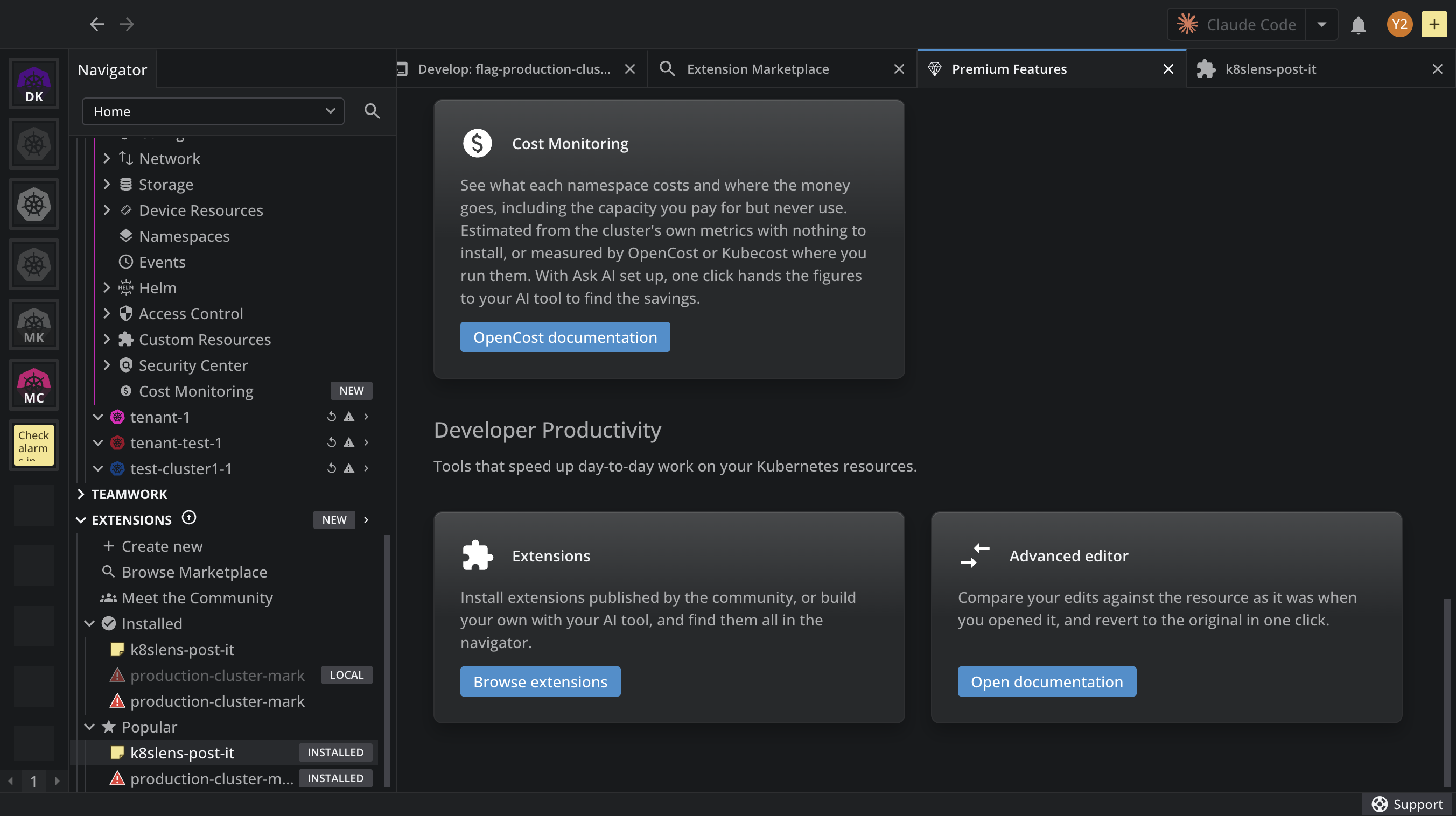 The Extensions card on the Premium Features dashboard, under Developer Productivity