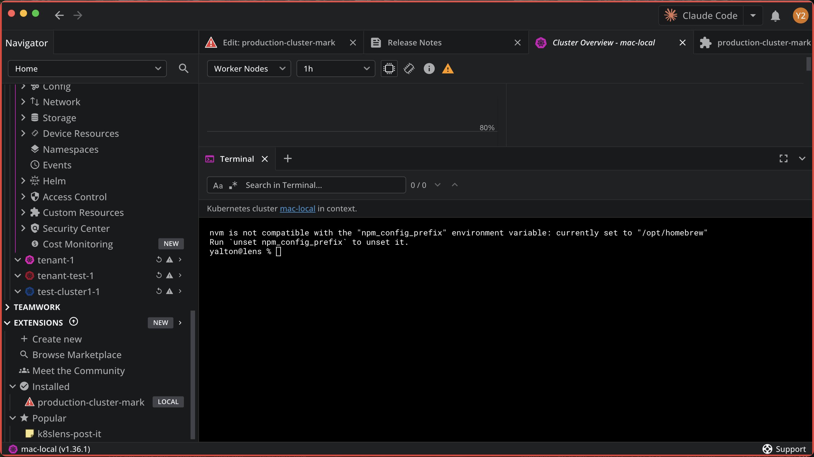 Lens with the mac-local cluster open after it was marked as production: a red edge runs around the whole window, and the production-cluster-mark extension is listed under Extensions > Installed