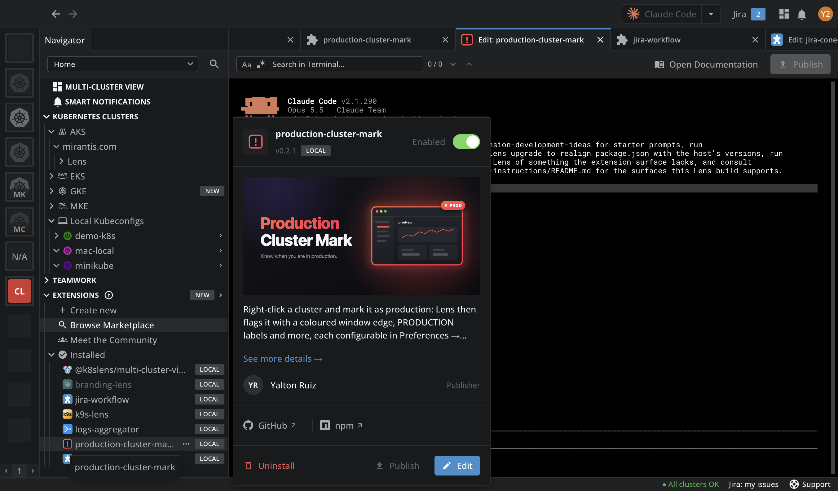 The Edit tab of the production-cluster-mark extension with the Publish button in its top right corner, and the extension's card open from Extensions > Installed with its own Publish button between Uninstall and Edit, both turned off because the version is already on npm