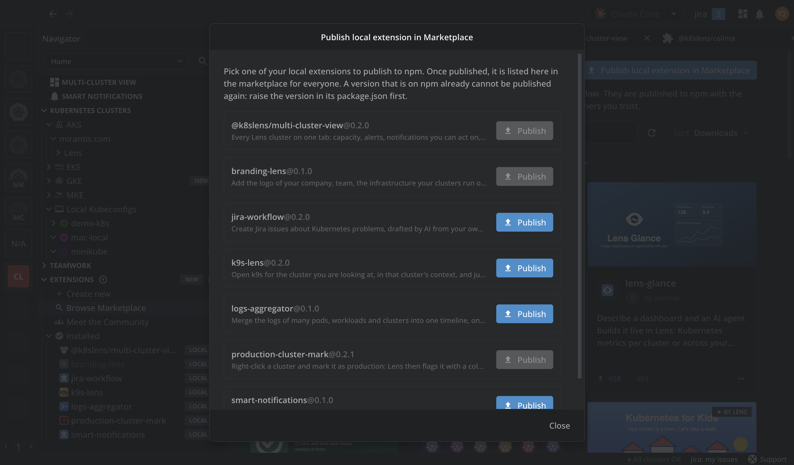 The Publish local extension in Marketplace dialog, listing the local extensions with a Publish button each, turned off for production-cluster-mark because version 0.2.1 is already on npm