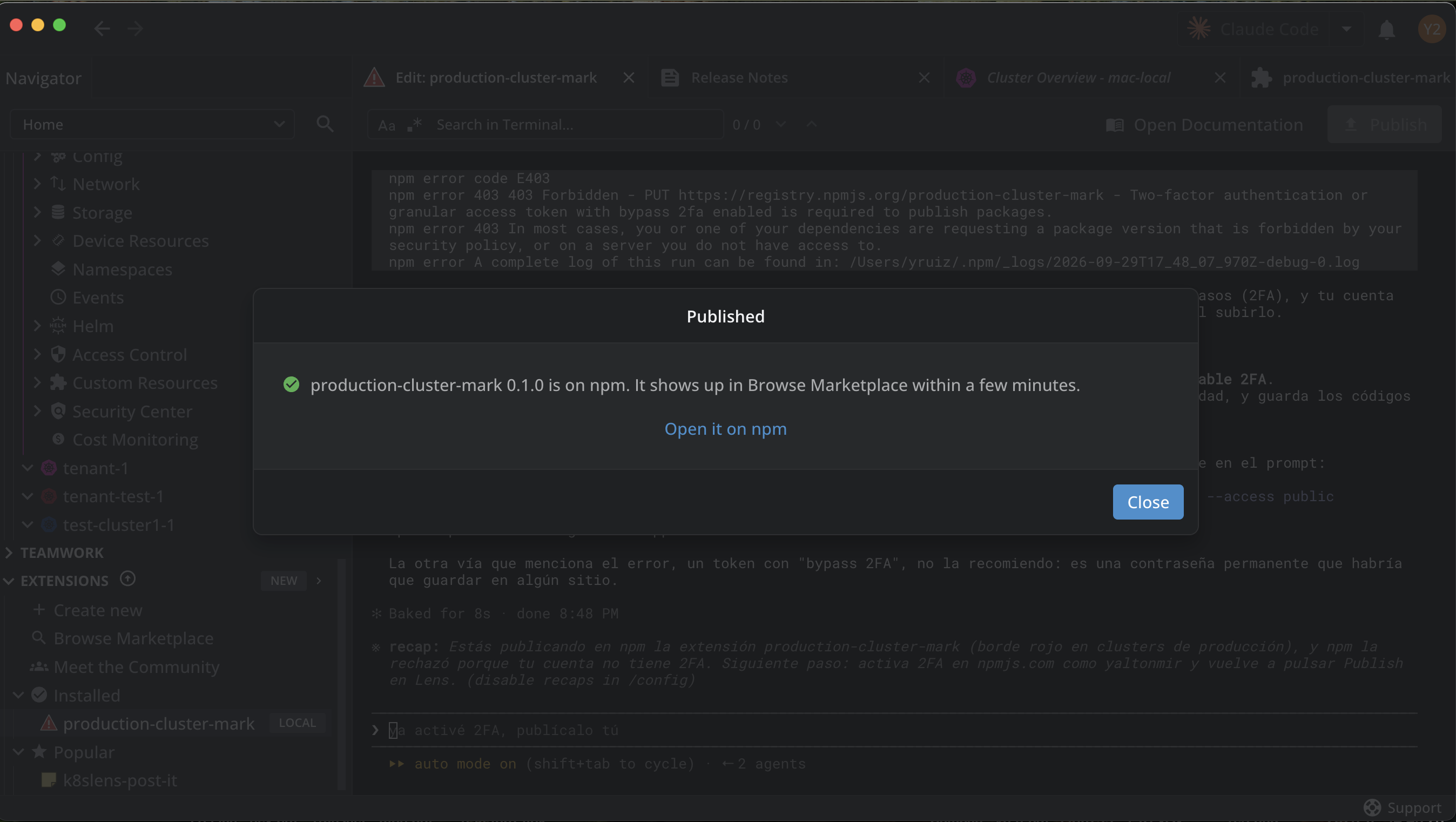 The Published dialog confirming that production-cluster-mark 0.1.0 is on npm and shows up in Browse Marketplace within a few minutes, with an Open it on npm link