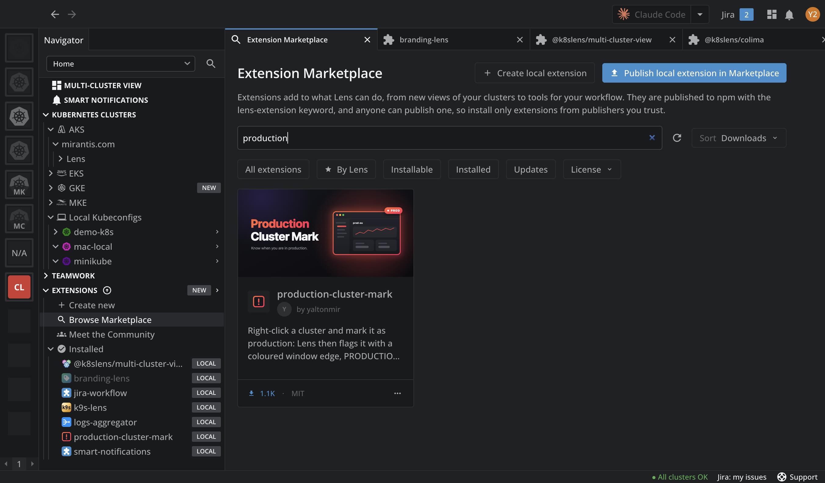 The Extension Marketplace in Lens, searched for production, showing the published production-cluster-mark card with its banner, publisher, downloads, and license