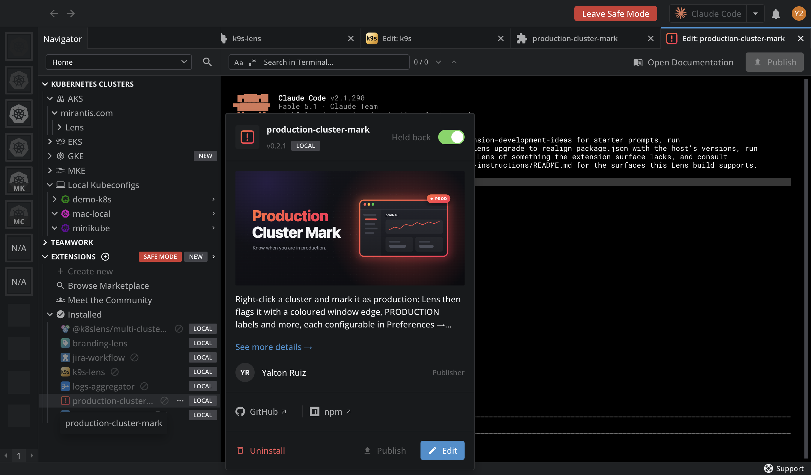 Lens K8S IDE in safe mode, with the red Leave Safe Mode button in the top bar, the SAFE MODE badge on the Extensions row in the Navigator, Create new turned off, a mark on every installed extension, and the card of production-cluster-mark showing Held back