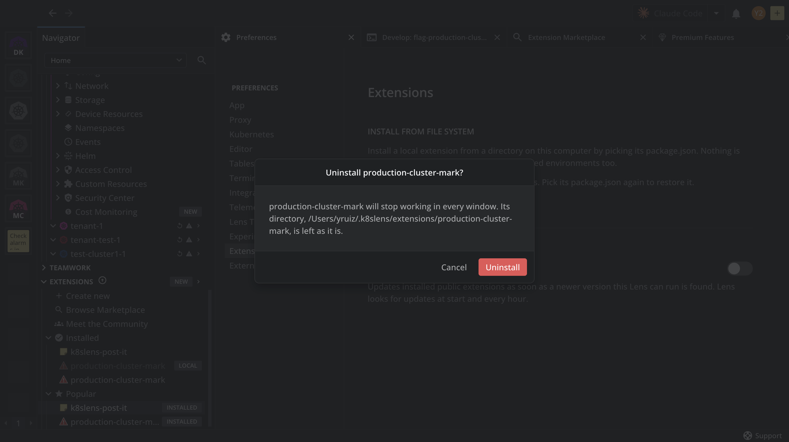 The uninstall confirmation dialog for a local extension, naming the directory under ~/.k8slens/extensions that is left as it is