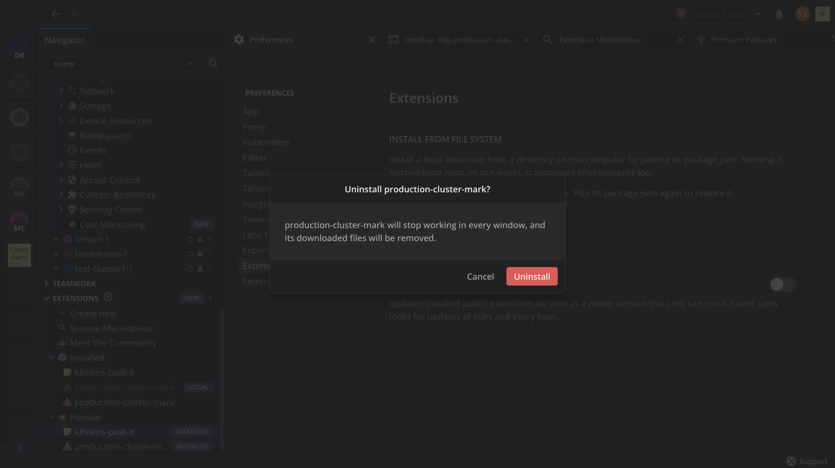 The uninstall confirmation dialog for a marketplace extension, saying it stops working in every window and its downloaded files are removed