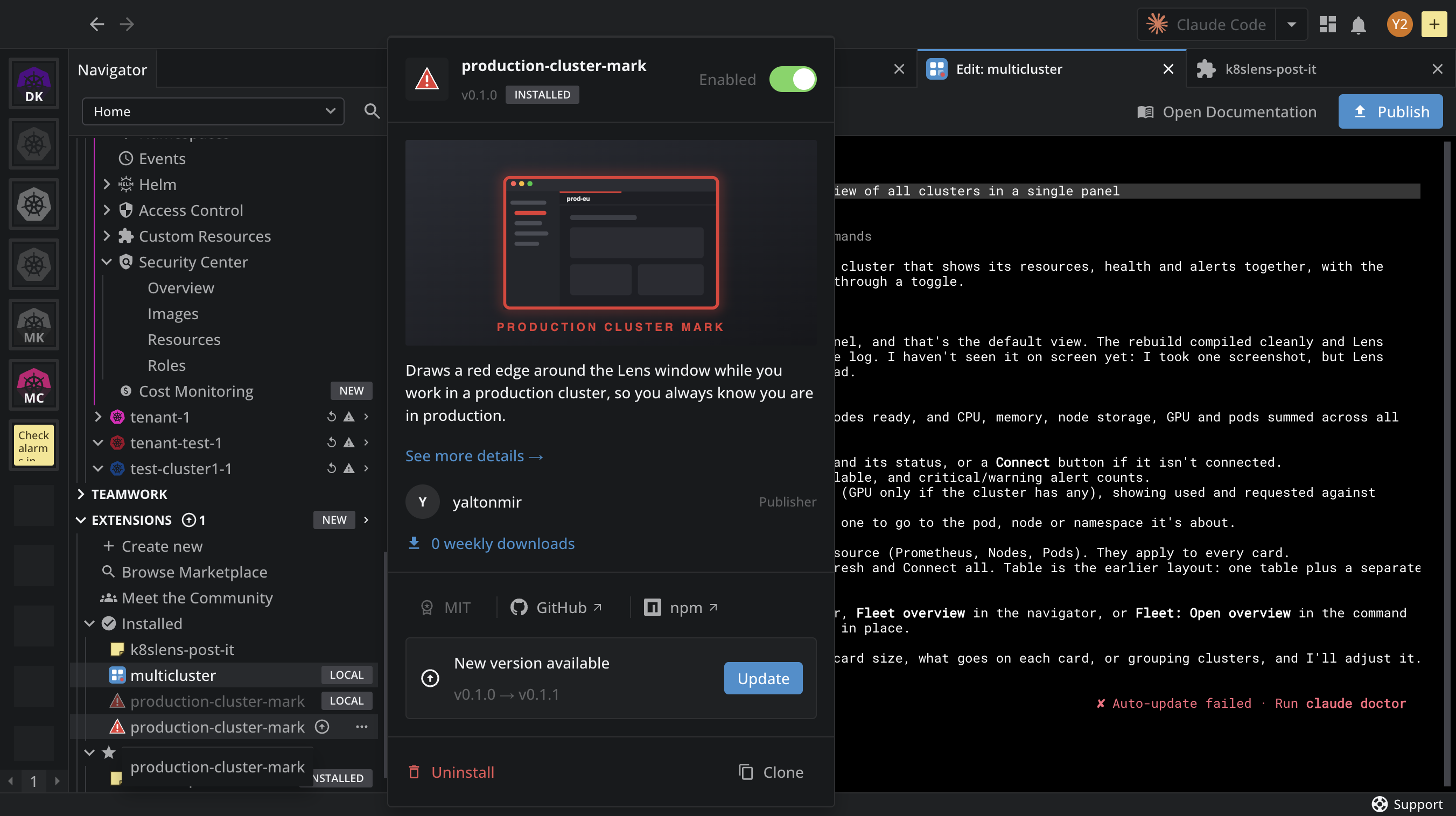 The Extensions section in the Navigator with the update counter showing 1, the update arrow next to the installed production-cluster-mark extension, and its card showing New version available, v0.1.0 to v0.1.1, with the Update button