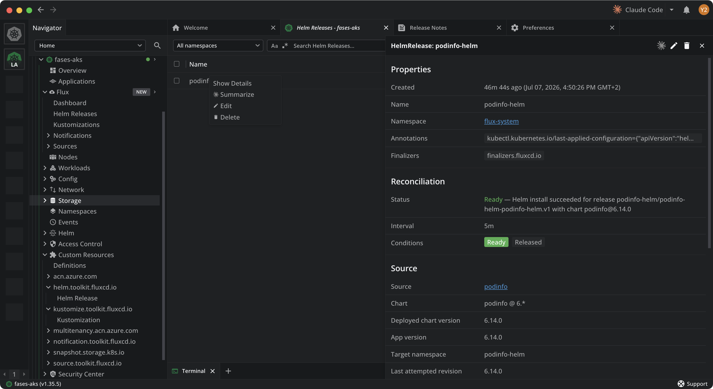 The context menu on a HelmRelease, showing the Summarize action alongside Show Details, Edit, and Delete