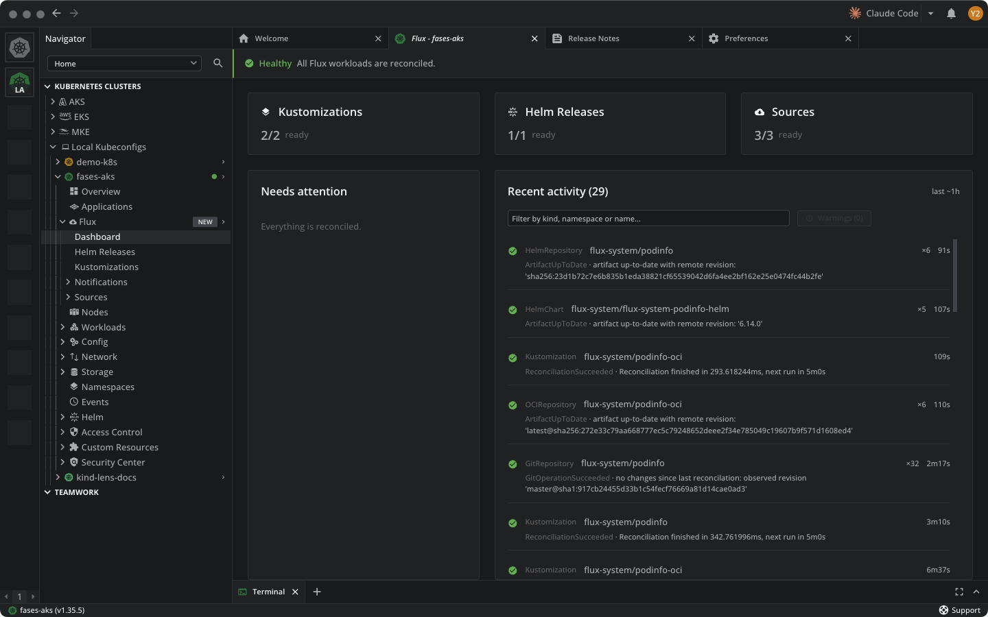 Flux dashboard showing the health banner, summary cards for Kustomizations, Helm Releases, and Sources, the Needs Attention panel, and the Recent Activity timeline