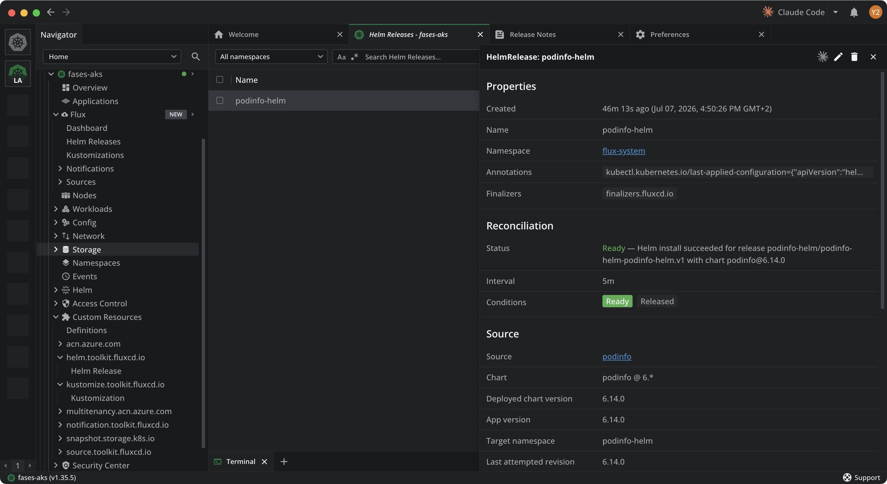 The detail view for a HelmRelease, showing Properties, Reconciliation status and conditions, and the Source chart and version