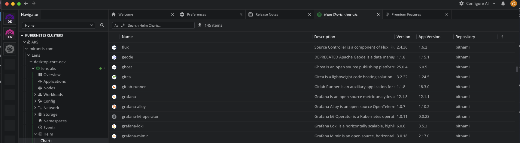 The Helm Charts view in the cluster navigator, with the Flux chart listed among available charts