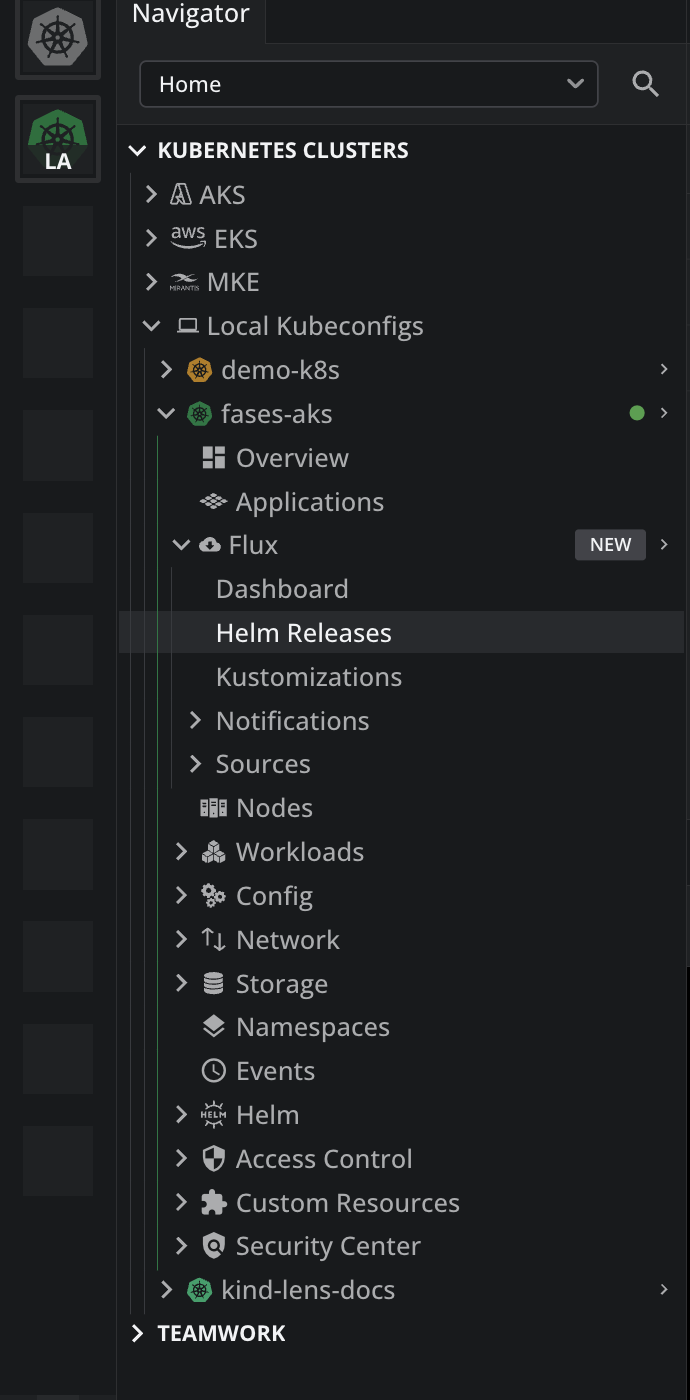 The Flux entry expanded in the cluster navigator, showing Dashboard, Helm Releases, Kustomizations, Notifications, and Sources