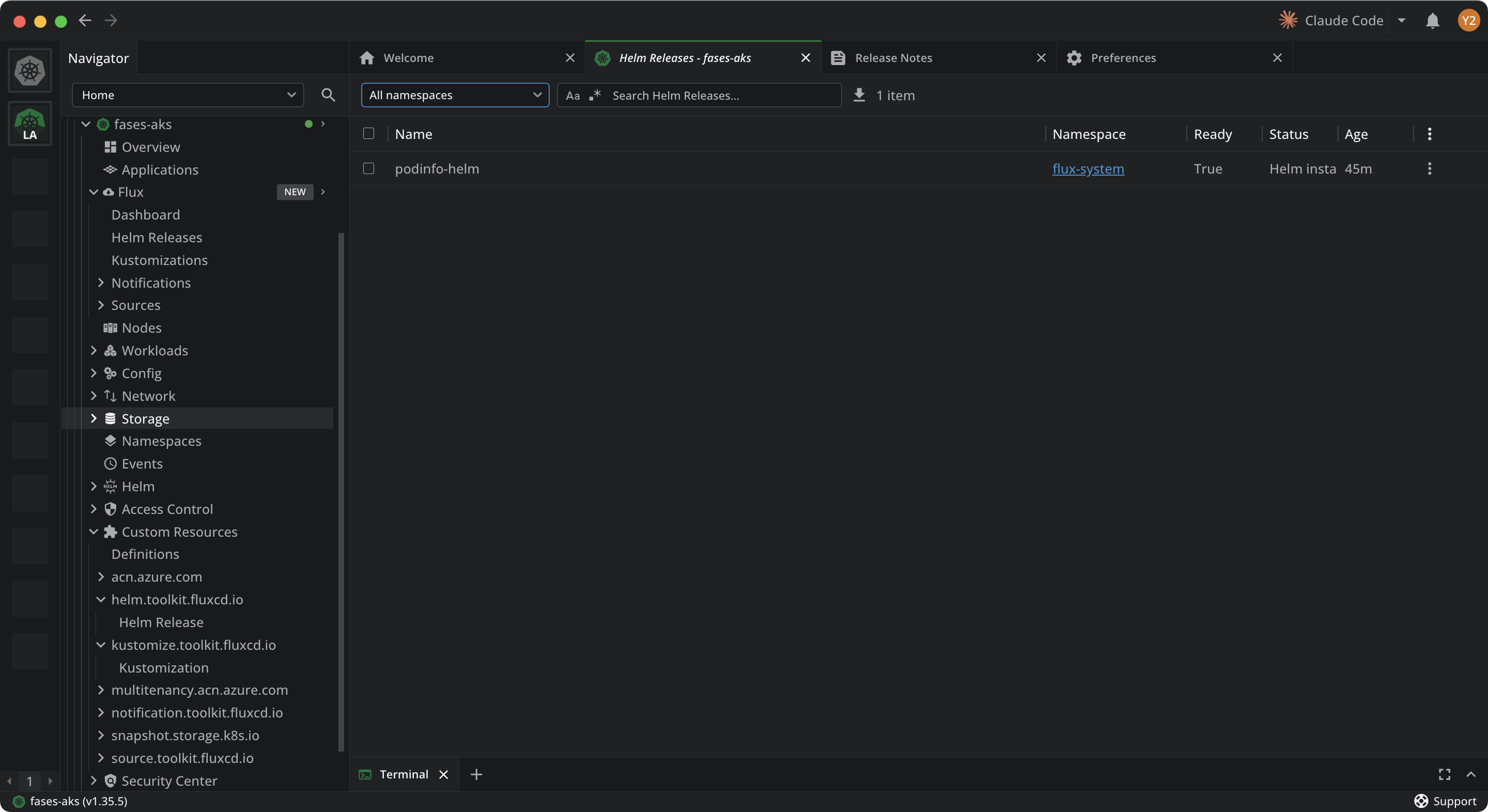 The Helm Releases list view under Flux, showing a HelmRelease with its namespace, ready state, and status