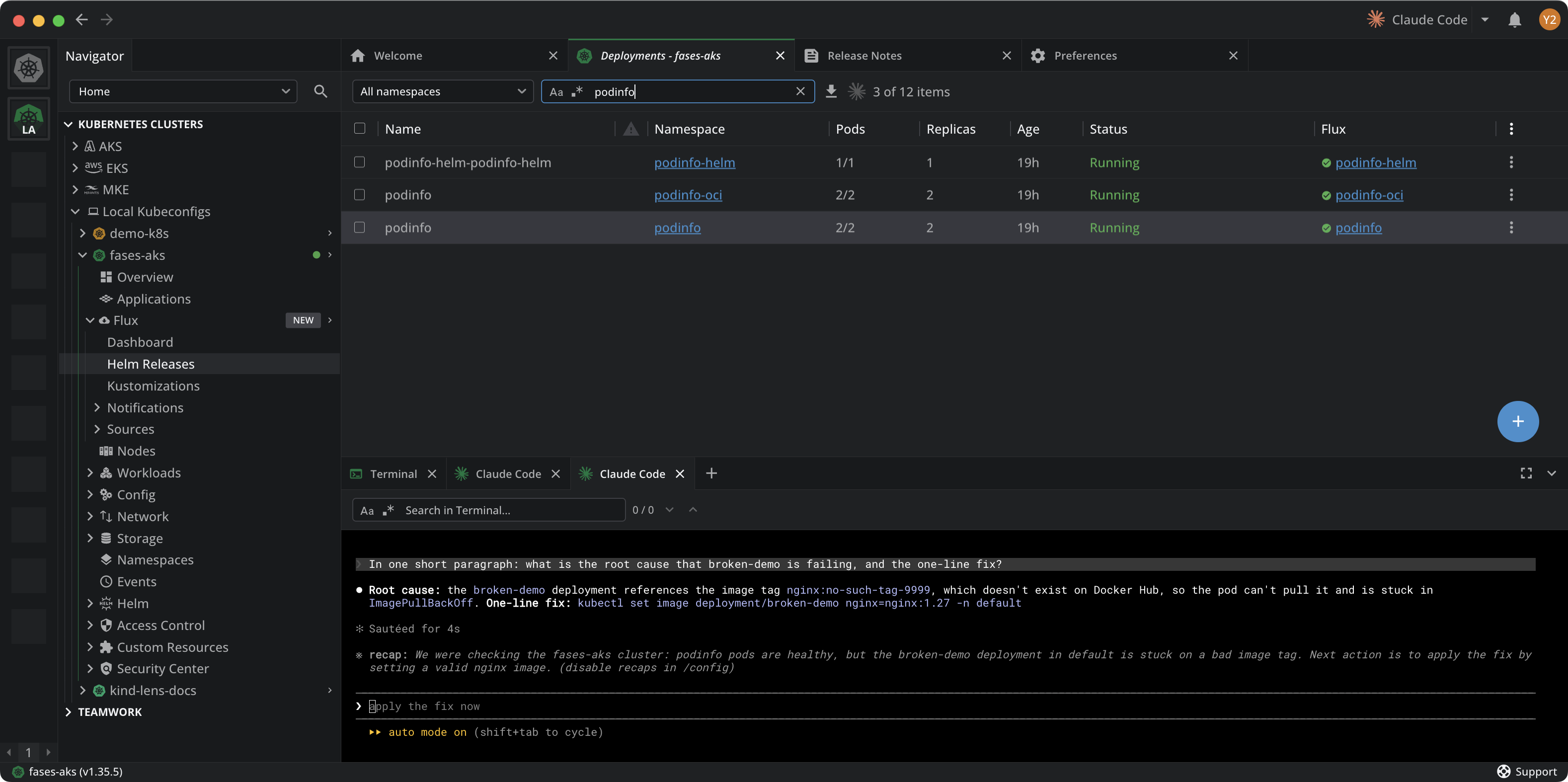 Deployments list with a Flux column linking each workload to its managing HelmRelease or Kustomization